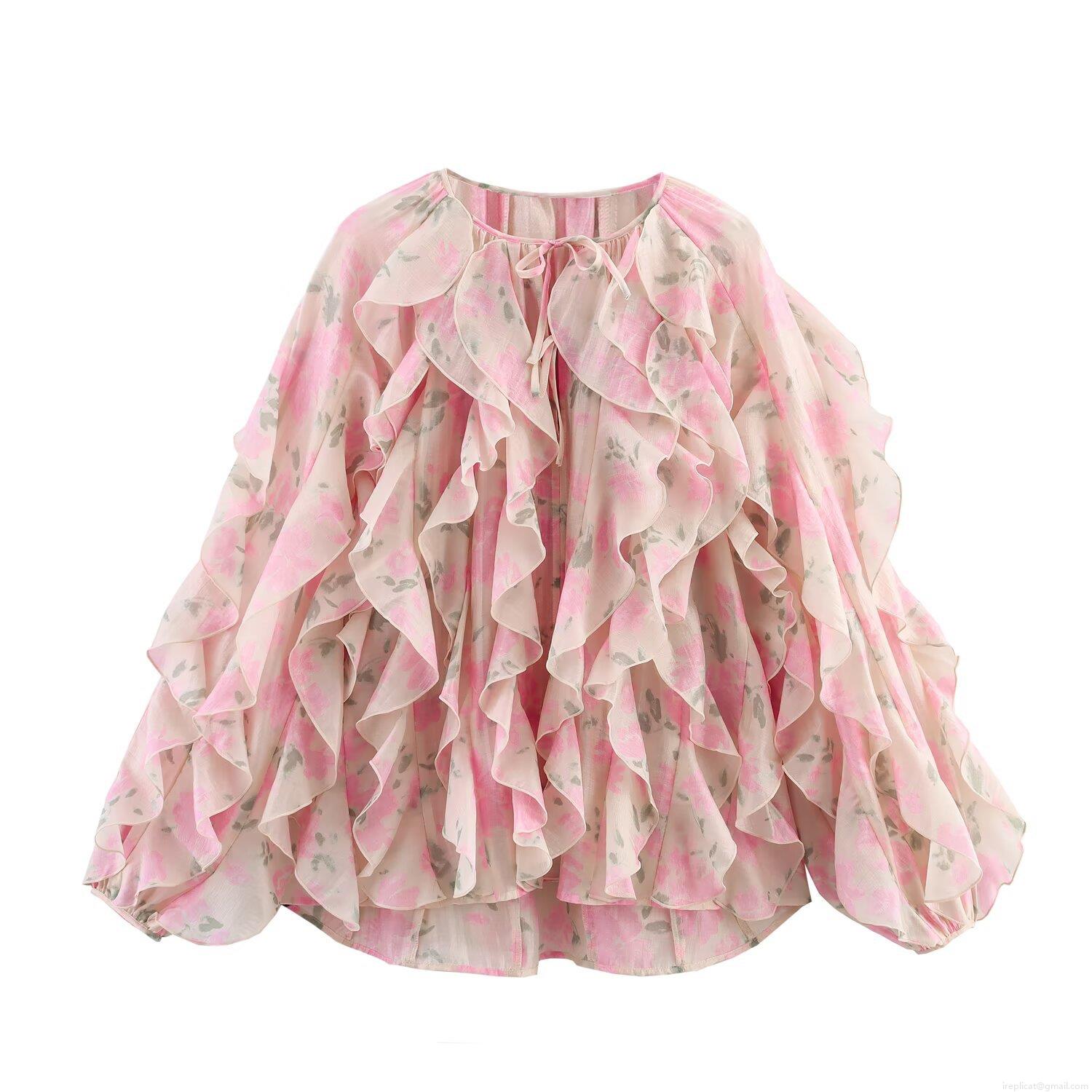 Women's Sweet Floral Print Ruffle Blouse Elegant Tie Neck Long Sleeve Polyester Spandex Shirt Casual Summer Fashion Tops for Ladies Women's Sweet Floral Print Ruffle Blouse Elegant Tie Neck Long Sleeve Polyester Spandex Shirt Casual Summer Fashion Tops for Ladies