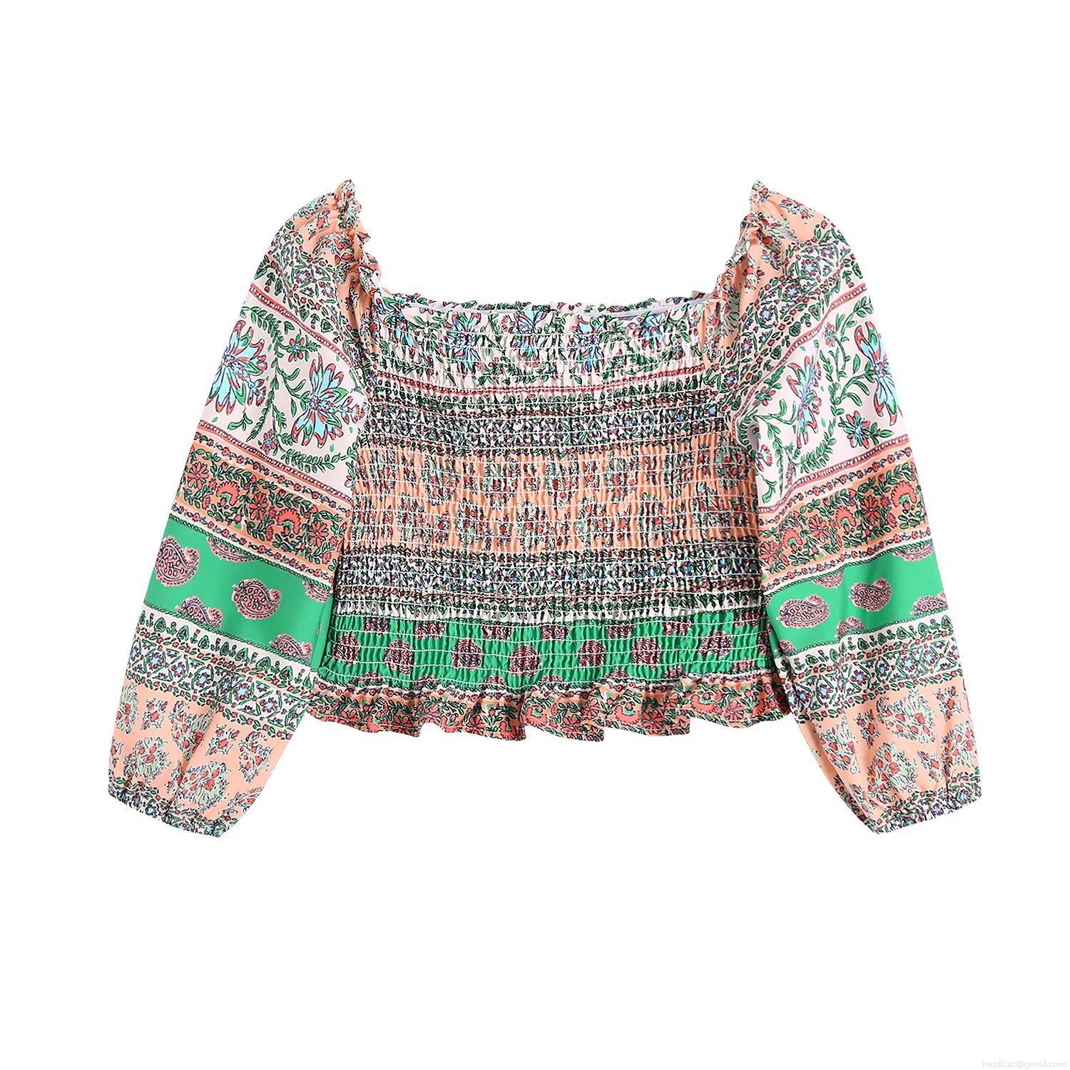 Bohemian Floral Print Smocked Blouse Women Square Neck Long Sleeve Ruffle Hem Cropped Top 100% Polyester Slim Fit Casual Vacation Shirts Bohemian Floral Print Smocked Blouse Women Square Neck Long Sleeve Ruffle Hem Cropped Top 100% Polyester Slim Fit Casual Vacation Shirts