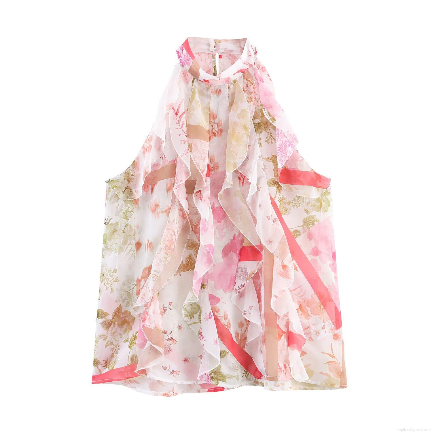 Women Elegant Halter Neck Sleeveless Blouse Summer Floral Print Chiffon Top With Layered Ruffle Mock Neck Casual Party Fashion Shirt Women Elegant Halter Neck Sleeveless Blouse Summer Floral Print Chiffon Top With Layered Ruffle Mock Neck Casual Party Fashion Shirt