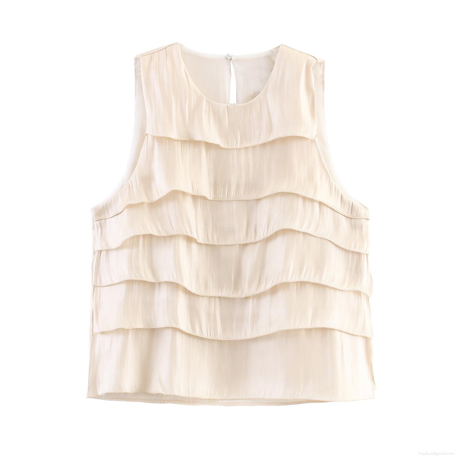 Elegant Women Sleeveless Layered Ruffle Satin Blouse Simple Solid Color Round Neck Tiered Tank Top For Party Date Summer Fashion Glossy Polyester Fabric Elegant Women Sleeveless Layered Ruffle Satin Blouse Simple Solid Color Round Neck Tiered Tank Top For Party Date Summer Fashion Glossy Polyester Fabric