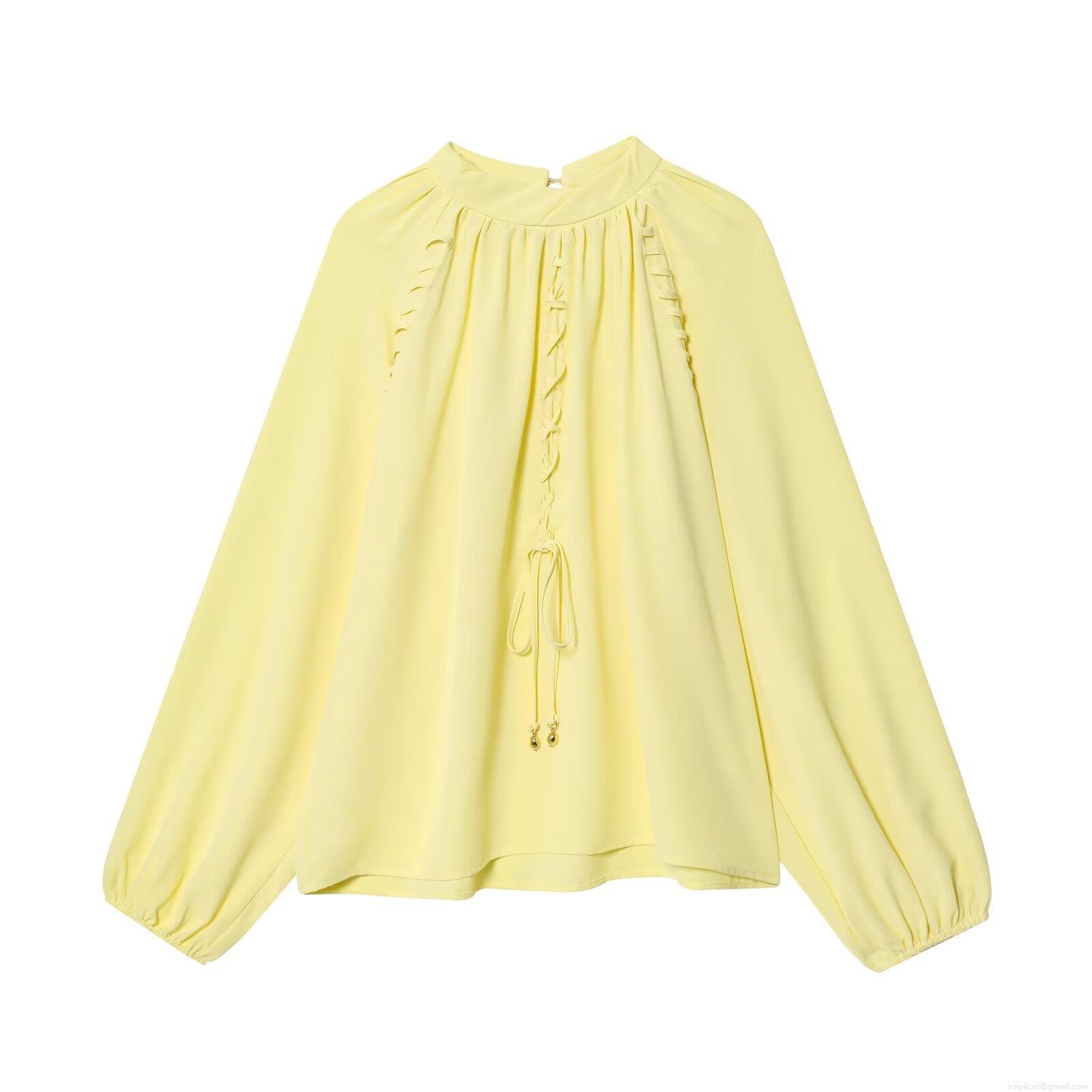 Elegant Women Pale Yellow High Neck Pleated Blouse Lantern Sleeve Loose Chiffon Shirt With Drawstring Tie And Gold Beads For Summer Autumn Office Lady Elegant Women Pale Yellow High Neck Pleated Blouse Lantern Sleeve Loose Chiffon Shirt With Drawstring Tie And Gold Beads For Summer Autumn Office Lady