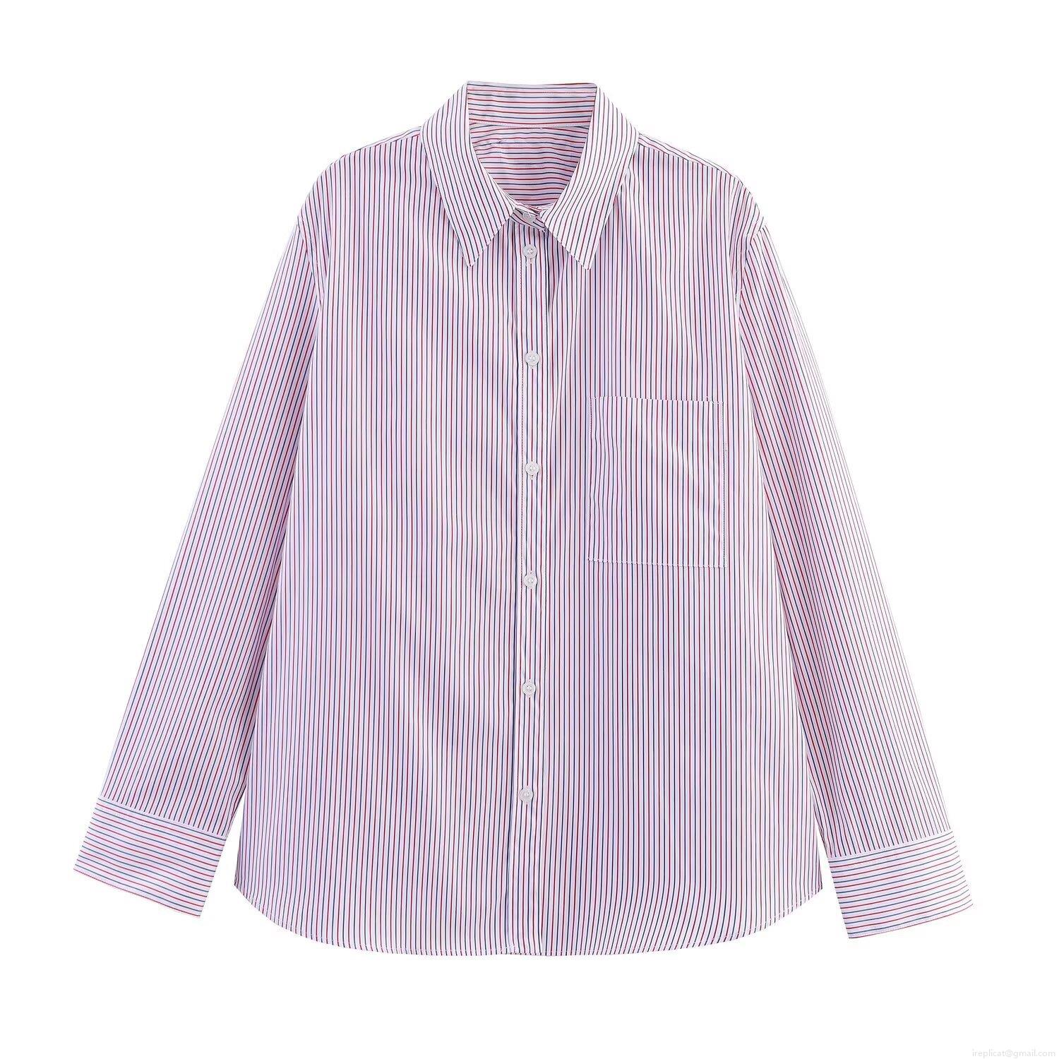 Women's Casual Striped Poplin Shirt Fashion Loose Long Sleeve Button Down Blouse With Chest Pocket For Everyday Office Autumn Spring Wear Comfortable Soft Lightweight Top