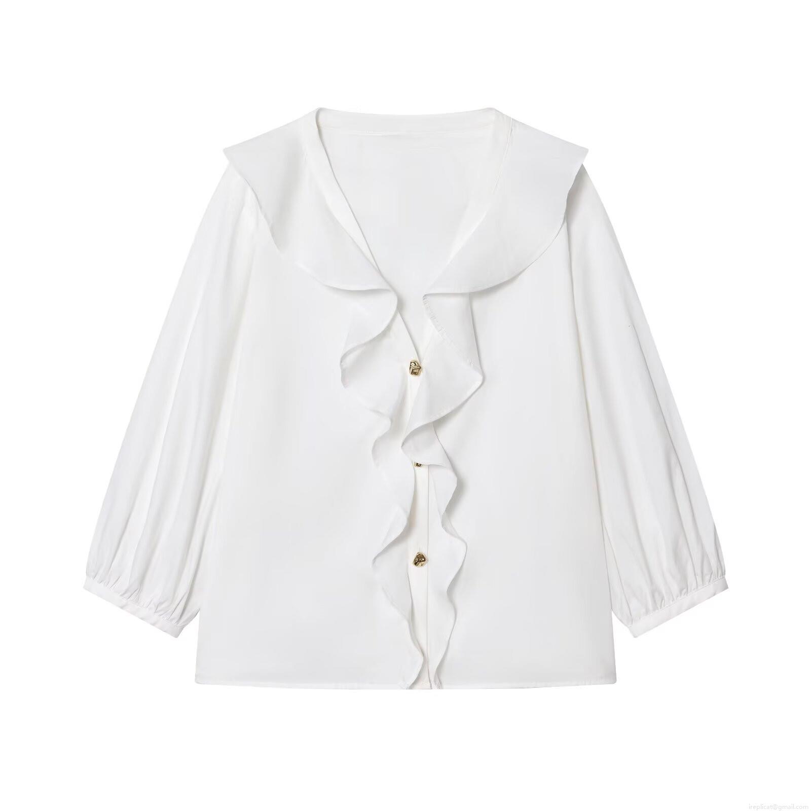 Elegant Women White Long Sleeve Blouse Ruffle Trim Poplin Shirt With Gold Buttons V-Neck Fashion Sweet Style Casual Office Commuter Top Elegant Women White Long Sleeve Blouse Ruffle Trim Poplin Shirt With Gold Buttons V-Neck Fashion Sweet Style Casual Office Commuter Top