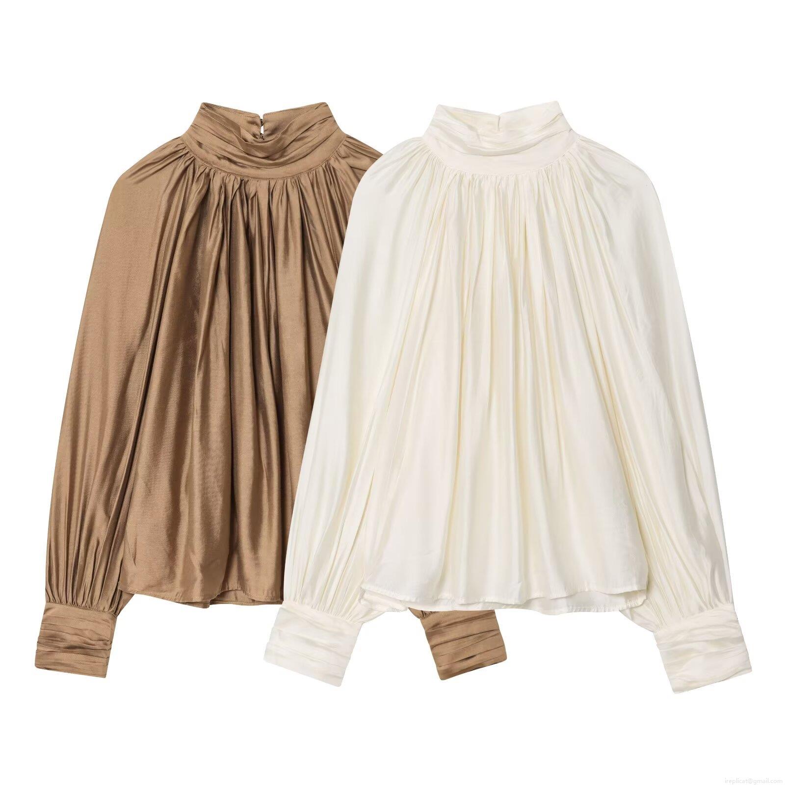 Elegant Mock Neck Pleated Satin Blouse Women Minimalist Loose Draped Silk-like Long Sleeve Pullover Shirt Daily Office Commute Top Elegant Mock Neck Pleated Satin Blouse Women Minimalist Loose Draped Silk-like Long Sleeve Pullover Shirt Daily Office Commute Top