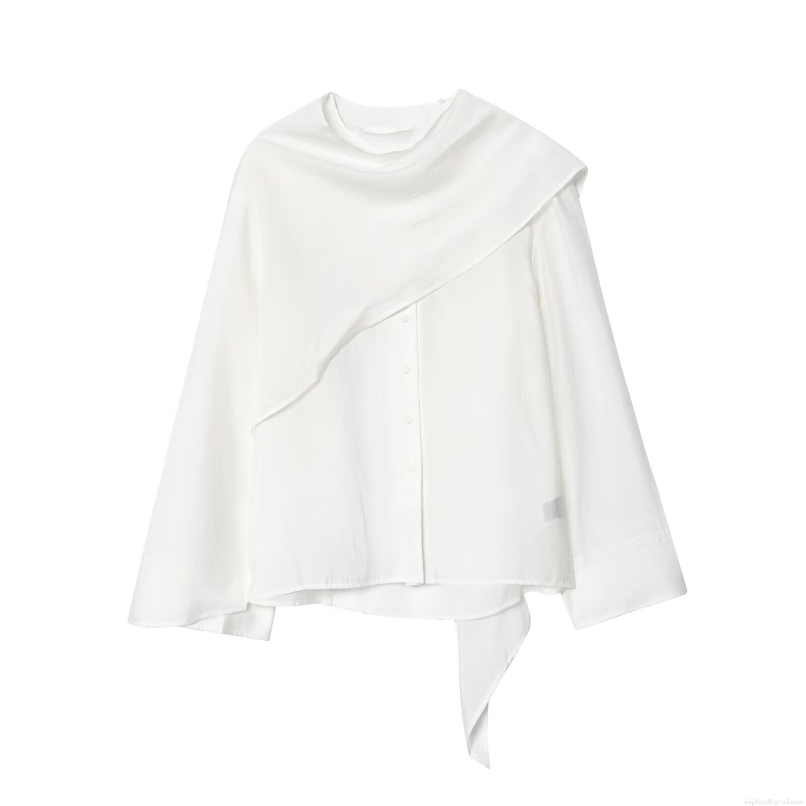 Elegant White Long Sleeve Lurex Cotton Blouse For Women Cape Collar Layered Design Minimalist Commute Style Office Shirt Top Elegant White Long Sleeve Lurex Cotton Blouse For Women Cape Collar Layered Design Minimalist Commute Style Office Shirt Top