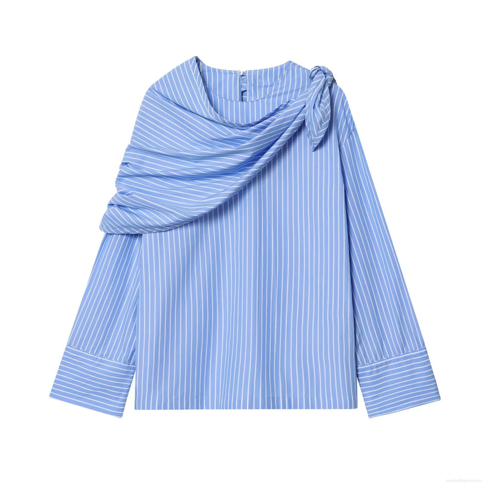 Women's Casual Striped Long Sleeve Blouse Asymmetric Pleated Collar Side Tie Shirt Polyester Blend Relaxed Fit Top For Daily Commute Autumn Wear Women's Casual Striped Long Sleeve Blouse Asymmetric Pleated Collar Side Tie Shirt Polyester Blend Relaxed Fit Top For Daily Commute Autumn Wear