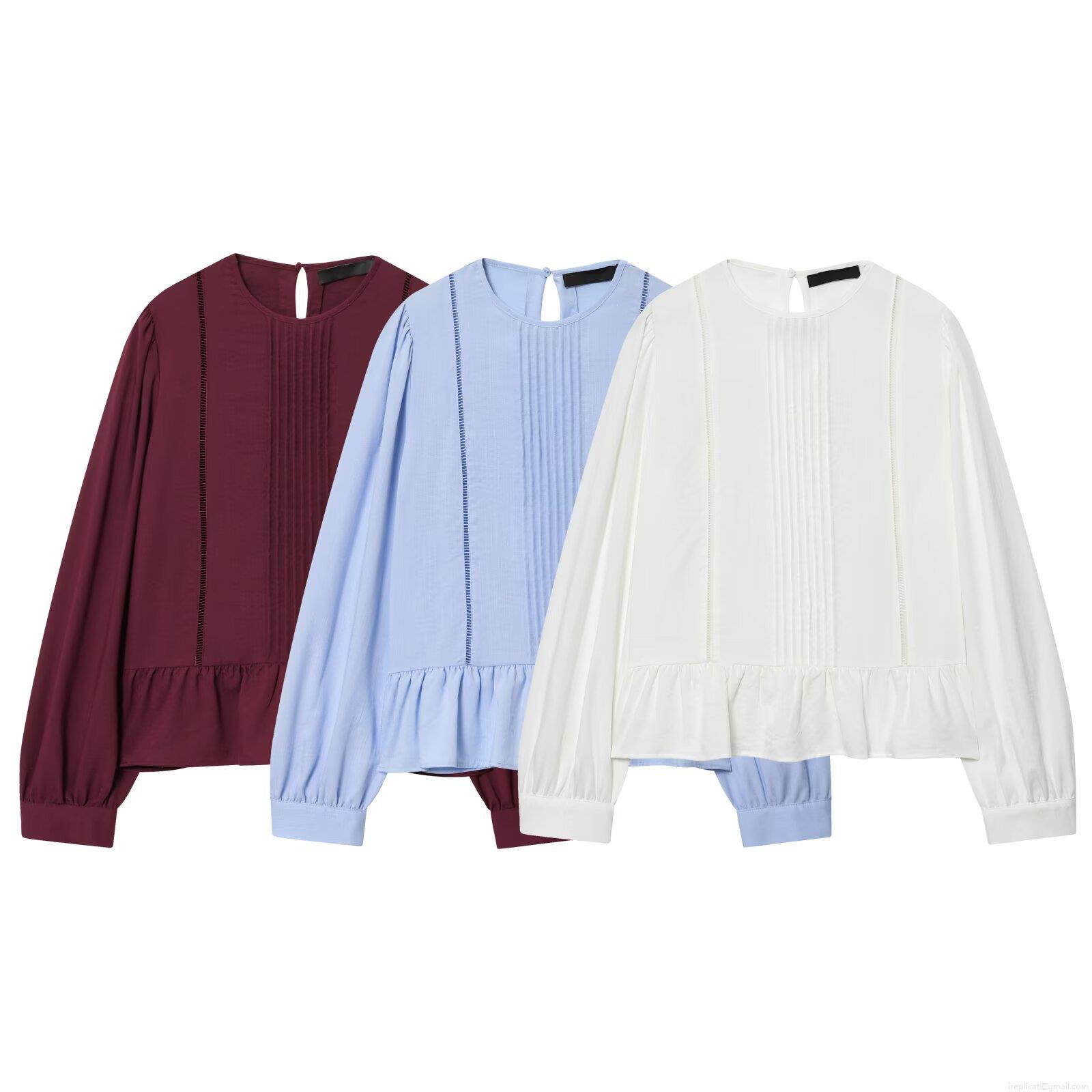 Elegant Women Round Neck Pintuck Blouse Long Sleeve Polyester Spandex Top With Hollow Out Lace And Ruffle Peplum Hem Casual Daily Shirt For Work School Elegant Women Round Neck Pintuck Blouse Long Sleeve Polyester Spandex Top With Hollow Out Lace And Ruffle Peplum Hem Casual Daily Shirt For Work School