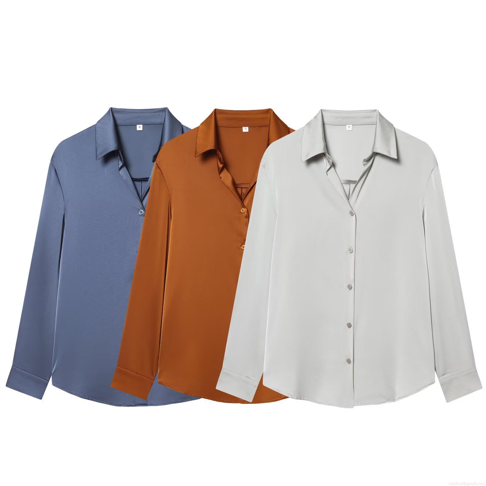 Women's Elegant Satin Button Down Shirt Long Sleeve Solid Color Glossy Blouse For Office Party Casual Wear High Quality Polyester Tops