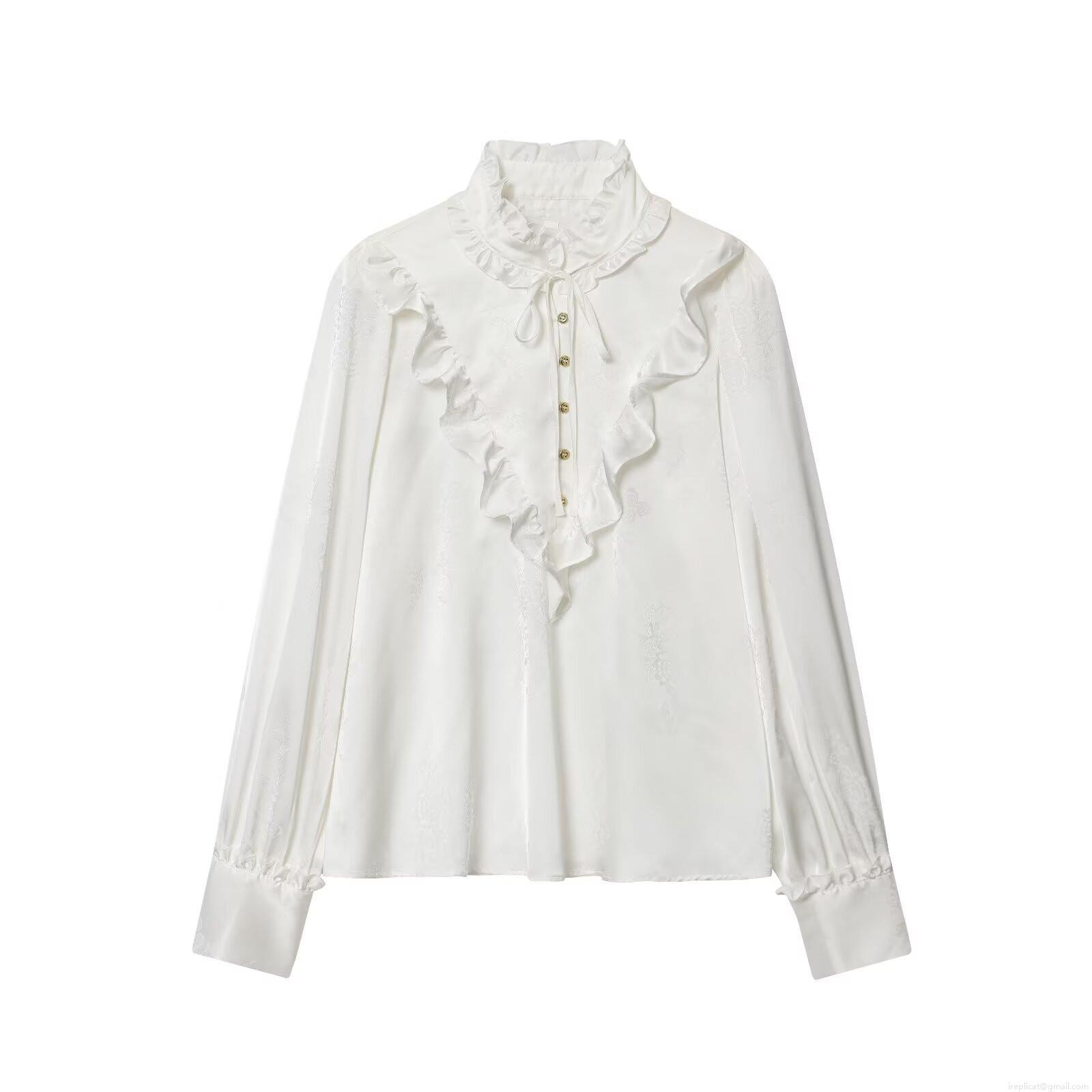 Elegant French Retro Jacquard Satin Blouse for Women Featuring Ruffle Stand Collar and Tie-Neck Vintage Long Sleeve Shirt for Office Work Party Elegant French Retro Jacquard Satin Blouse for Women Featuring Ruffle Stand Collar and Tie-Neck Vintage Long Sleeve Shirt for Office Work Party