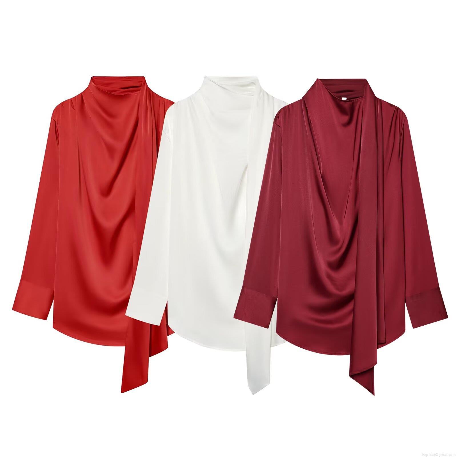 Elegant Satin Scarf Collar Blouse For Women Solid Color Long Sleeve Pullover Shirt Fashion Office Lady Draped Neck Tops For Daily Party Dating Elegant Satin Scarf Collar Blouse For Women Solid Color Long Sleeve Pullover Shirt Fashion Office Lady Draped Neck Tops For Daily Party Dating