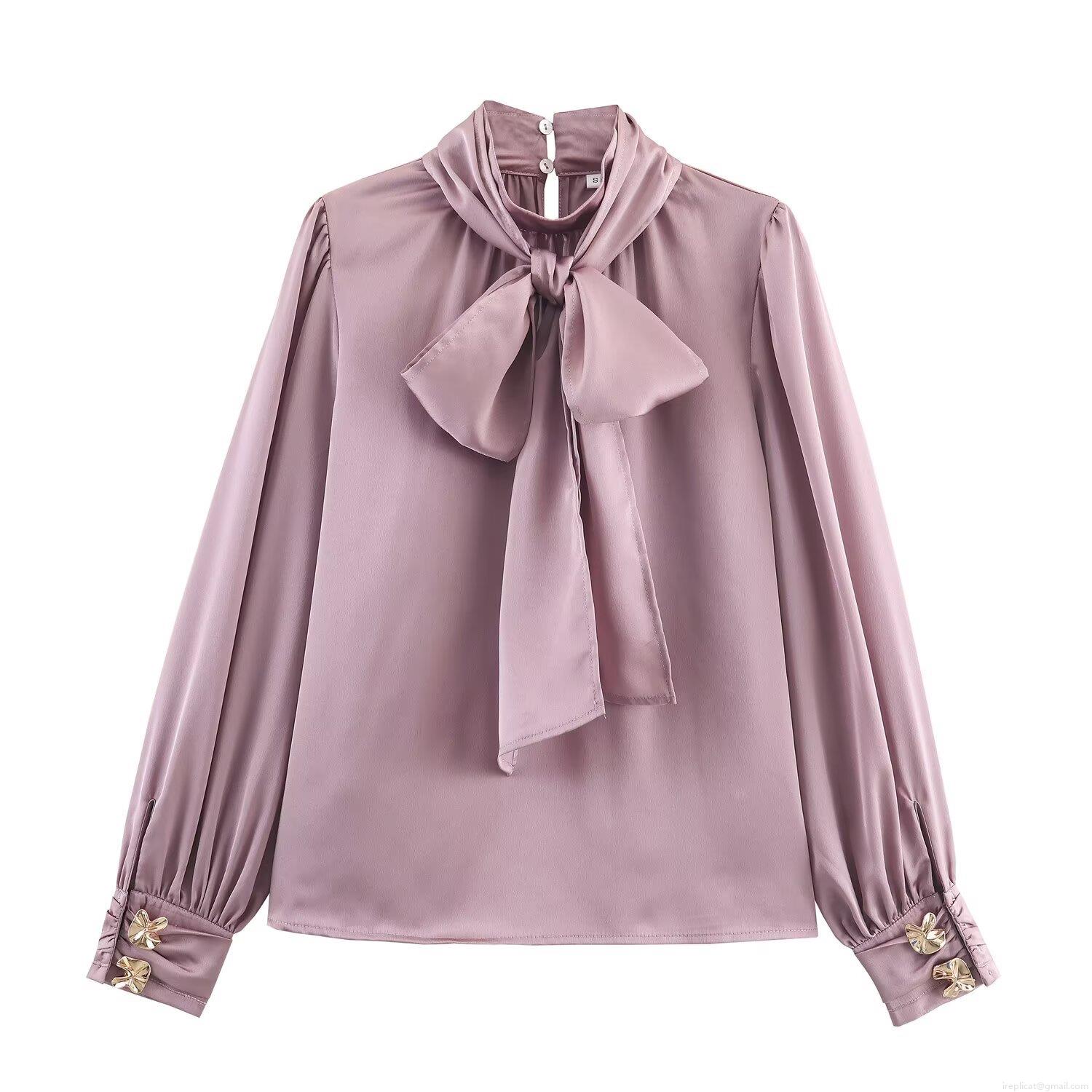 Elegant Satin Long Sleeve Blouse Women Bow Tie Pullover Shirt Solid Mauve Silk Texture Top With Decorative Gold Petal Buttons For Office Commute Party Elegant Satin Long Sleeve Blouse Women Bow Tie Pullover Shirt Solid Mauve Silk Texture Top With Decorative Gold Petal Buttons For Office Commute Party
