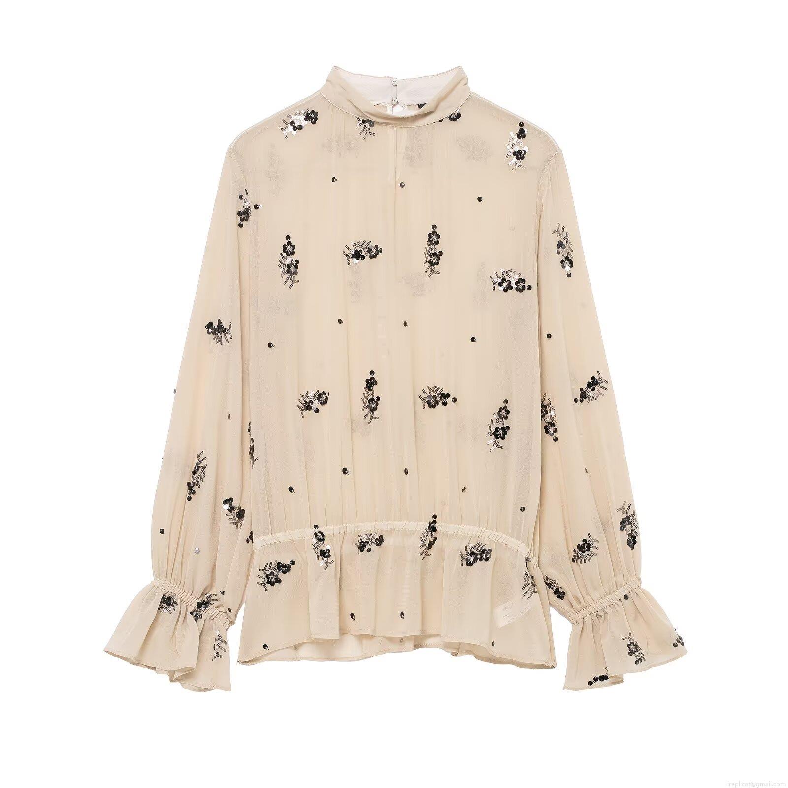 Elegant Women Beige Mesh Tulle Blouse Stand Collar Ruffle Cuffs Black Floral Sequins Embroidery Semi Transparent Long Sleeve Shirt For Party Commuting Elegant Women Beige Mesh Tulle Blouse Stand Collar Ruffle Cuffs Black Floral Sequins Embroidery Semi Transparent Long Sleeve Shirt For Party Commuting