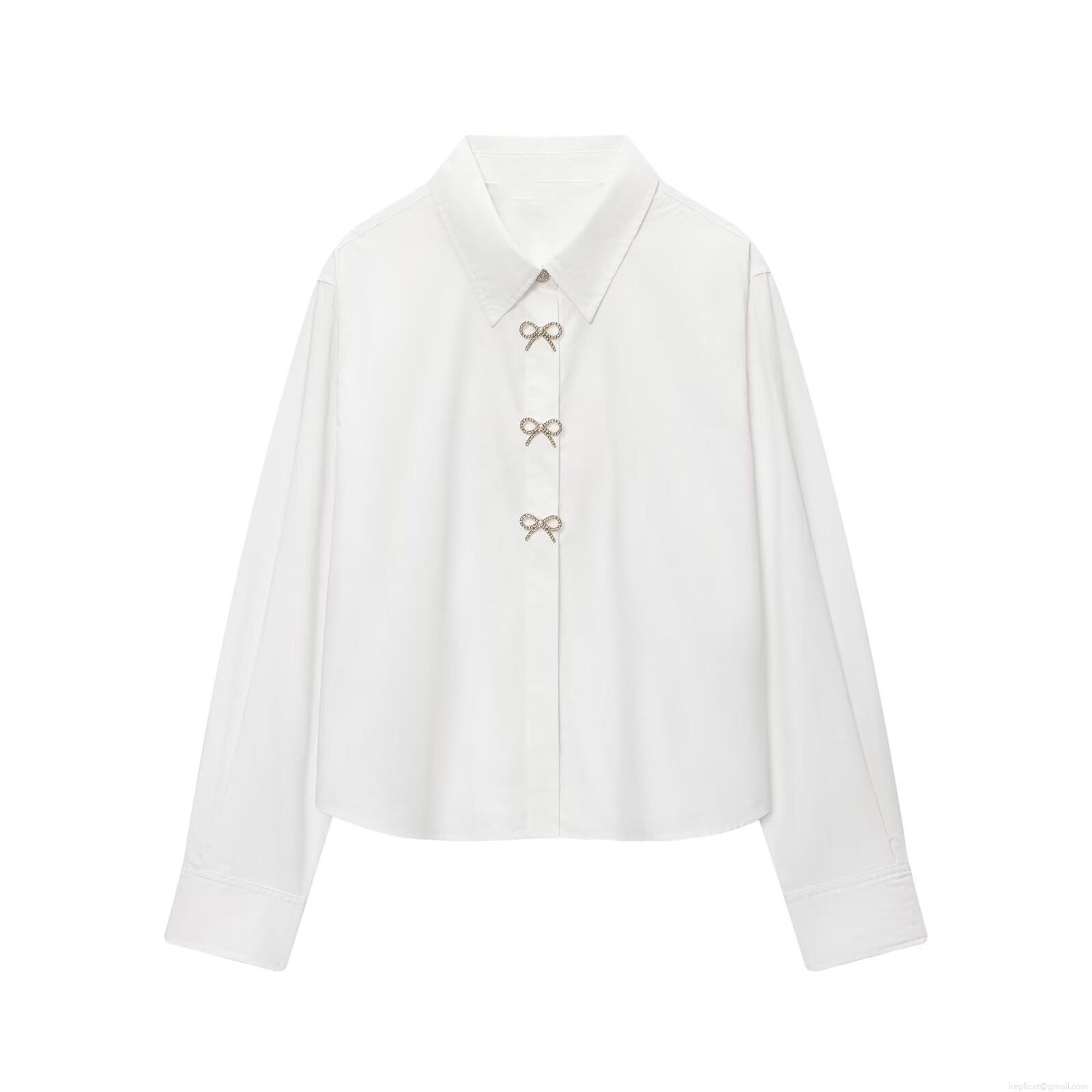 Elegant White Poplin Long Sleeve Blouse For Women With Rhinestone Bow Jewelry Buttons Office Commute Work Shirt Spring Autumn Fashion Elegant White Poplin Long Sleeve Blouse For Women With Rhinestone Bow Jewelry Buttons Office Commute Work Shirt Spring Autumn Fashion