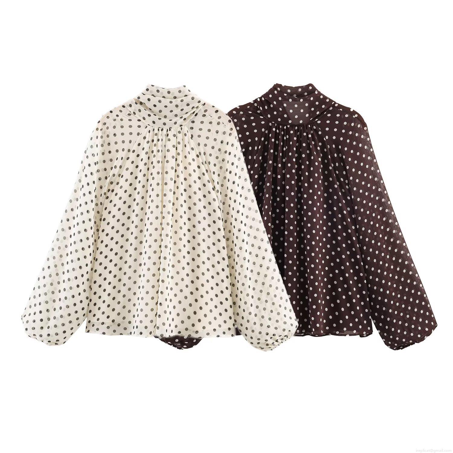 Vintage Polka Dot Chiffon Blouse Long Sleeve Bowtie Pleated Lantern Sleeve Elegant Shirt Tops For Women Vintage Polka Dot Chiffon Blouse Long Sleeve Bowtie Pleated Lantern Sleeve Elegant Shirt Tops For Women