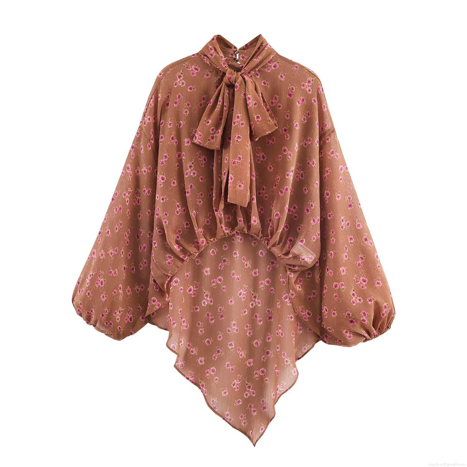 Elegant Floral Chiffon Blouse Women Retro Brown Pink Flower Print Bow Tie High Neck Long Lantern Sleeve Irregular Hem Pullover Shirt Tops Elegant Floral Chiffon Blouse Women Retro Brown Pink Flower Print Bow Tie High Neck Long Lantern Sleeve Irregular Hem Pullover Shirt Tops
