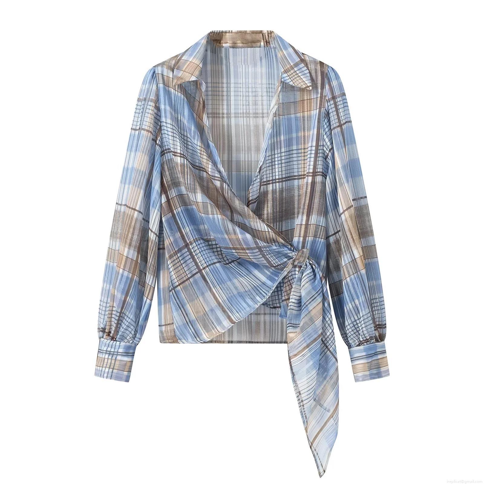 Women's Plaid Gold Silk Long Sleeve Shirt Side Tie V-Neck Blouse Elegant Blue Brown Checkered Top With Metallic Thread For Women Daily Fashion Spring