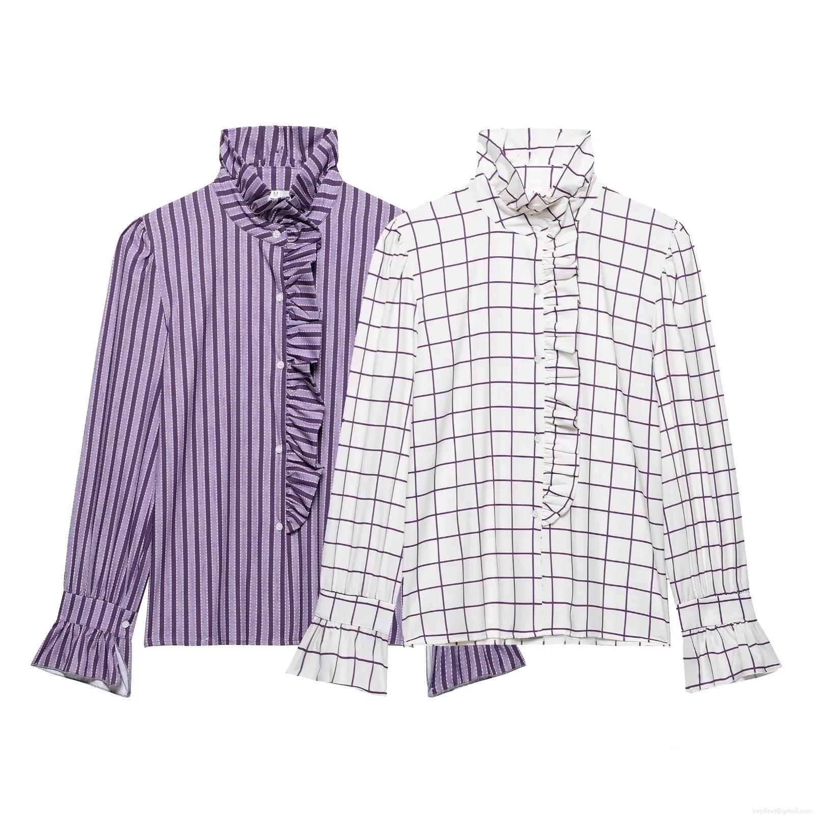 French Retro Ruffle High Neck Long Sleeve Plaid Striped Polyester Blouse Shirt For Women Elegant Office Lady Button Down Tops French Retro Ruffle High Neck Long Sleeve Plaid Striped Polyester Blouse Shirt For Women Elegant Office Lady Button Down Tops
