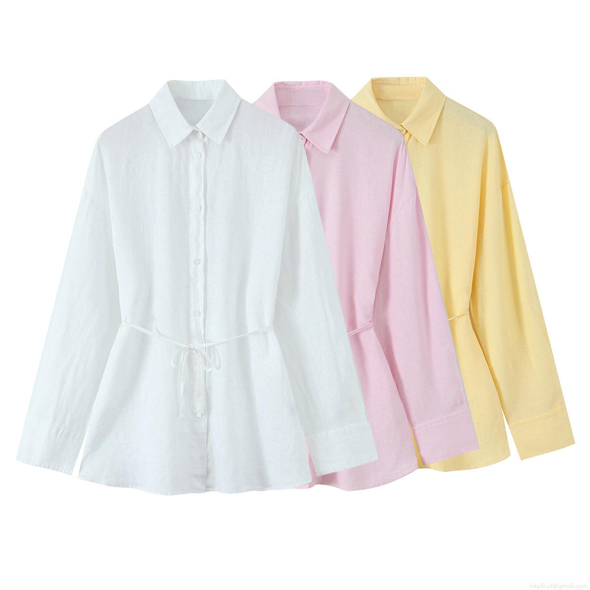 Elegant Women Long Sleeve Linen Blend Lapel Shirt Solid Color Waist Drawstring Button Down Blouse For Spring Daily Casual Office Elegant Women Long Sleeve Linen Blend Lapel Shirt Solid Color Waist Drawstring Button Down Blouse For Spring Daily Casual Office