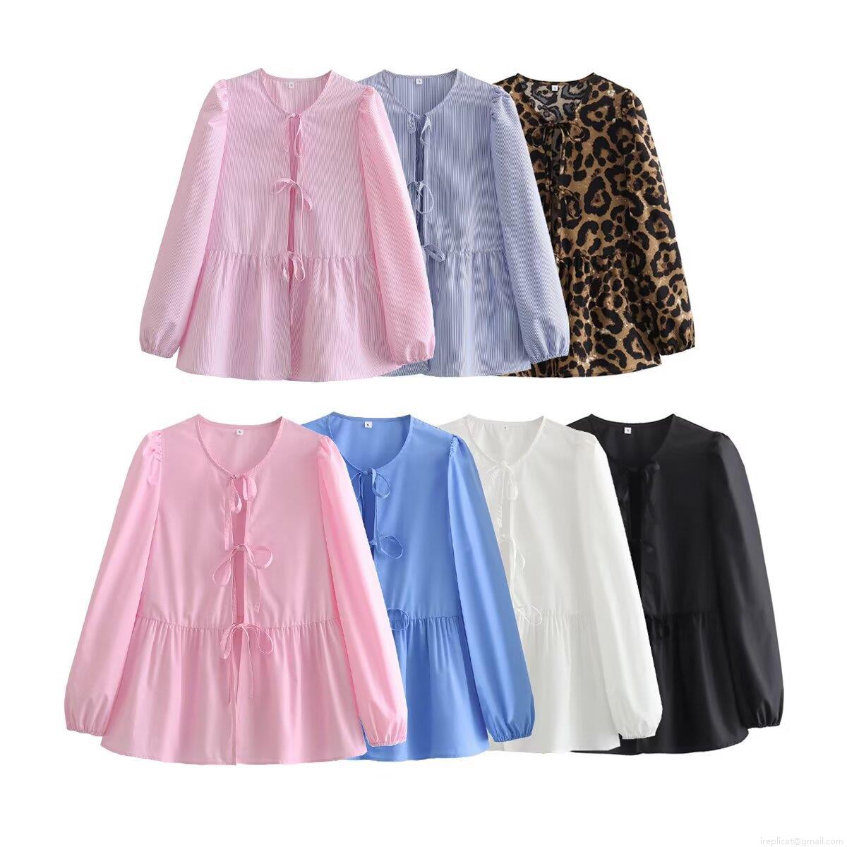 French Sweet Polyester Ribbon Tie Blouse Ruffle Hem Puff Sleeve Shirt For Women Elegant Long Sleeve Striped Leopard Top For Daily Dating French Sweet Polyester Ribbon Tie Blouse Ruffle Hem Puff Sleeve Shirt For Women Elegant Long Sleeve Striped Leopard Top For Daily Dating