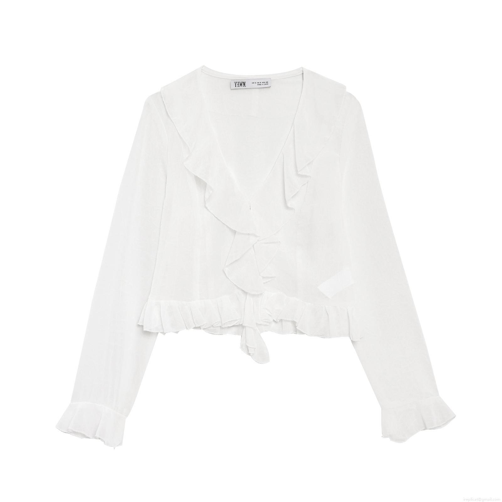 Elegant White V-Neck Chiffon Blouse For Women Ruffle Long Sleeve Cropped Shirt Fashion Sweet Solid Color Polyester Tops Ladies Daily Wear Elegant White V-Neck Chiffon Blouse For Women Ruffle Long Sleeve Cropped Shirt Fashion Sweet Solid Color Polyester Tops Ladies Daily Wear