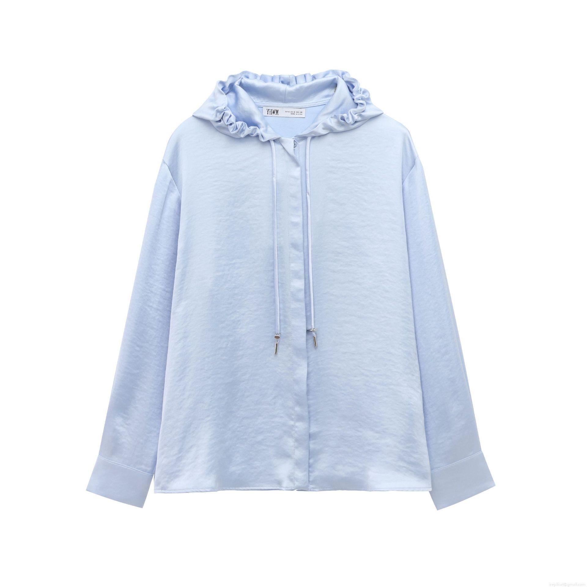 French Style Satin Hooded Shirt Women's Elegant Light Blue Long Sleeve Button Down Blouse With Drawstring For Daily Casual Wear French Style Satin Hooded Shirt Women's Elegant Light Blue Long Sleeve Button Down Blouse With Drawstring For Daily Casual Wear