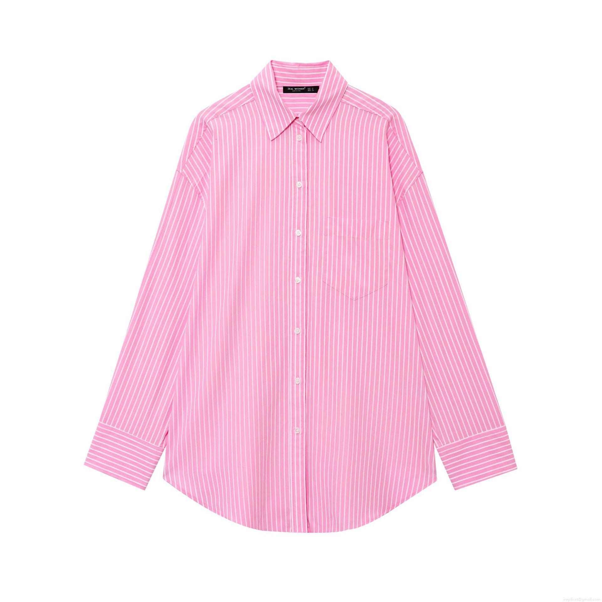 Women's Pink Striped Button Down Long Sleeve Shirt Casual Loose Lapel Blouse With Pocket Polyester Woven Top For Women Daily Wear