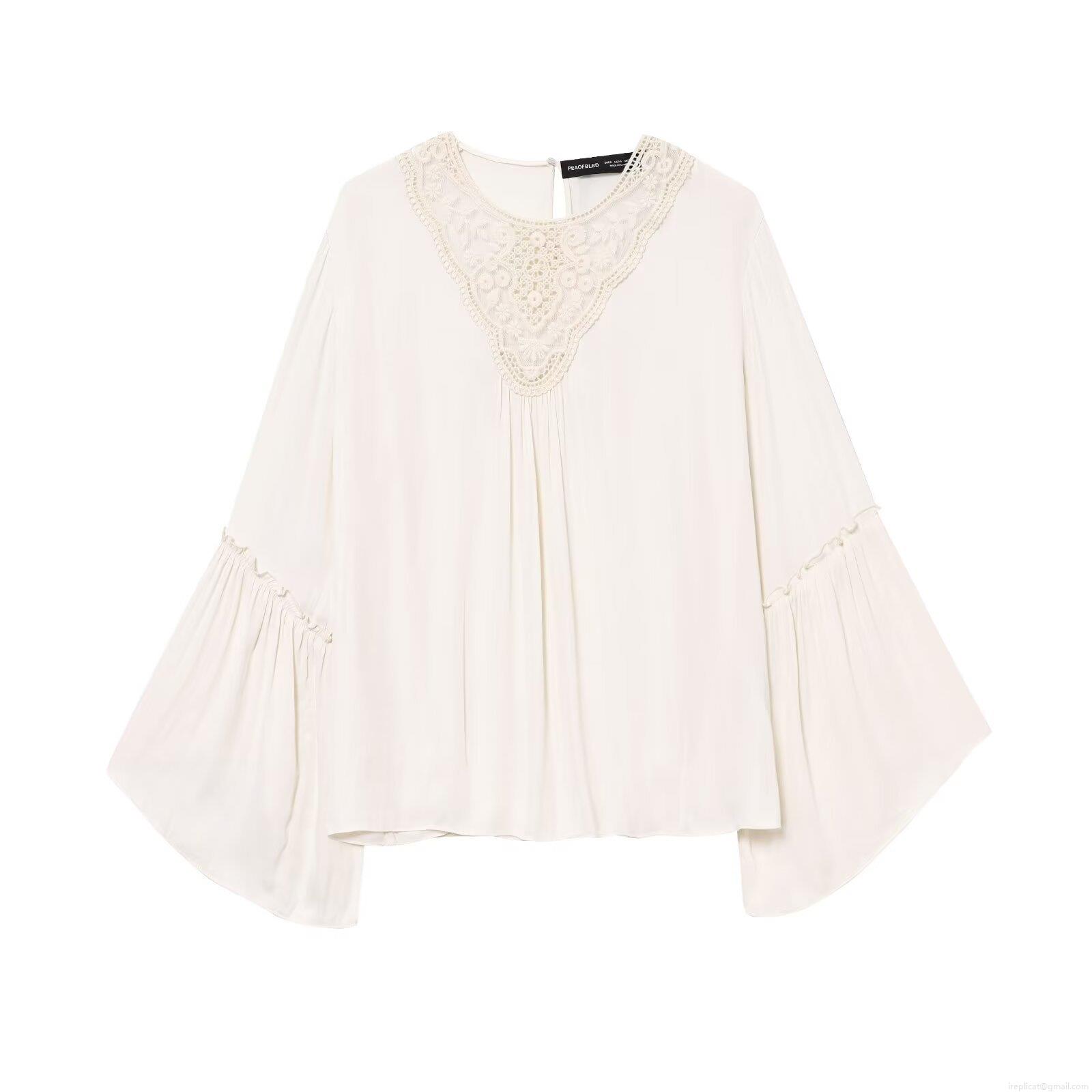 Women Elegant Lace Patchwork Blouse Flare Sleeve Pleated V-Neck Long Sleeve Top Chiffon Style Solid Color Shirt For Party Daily Spring Autumn