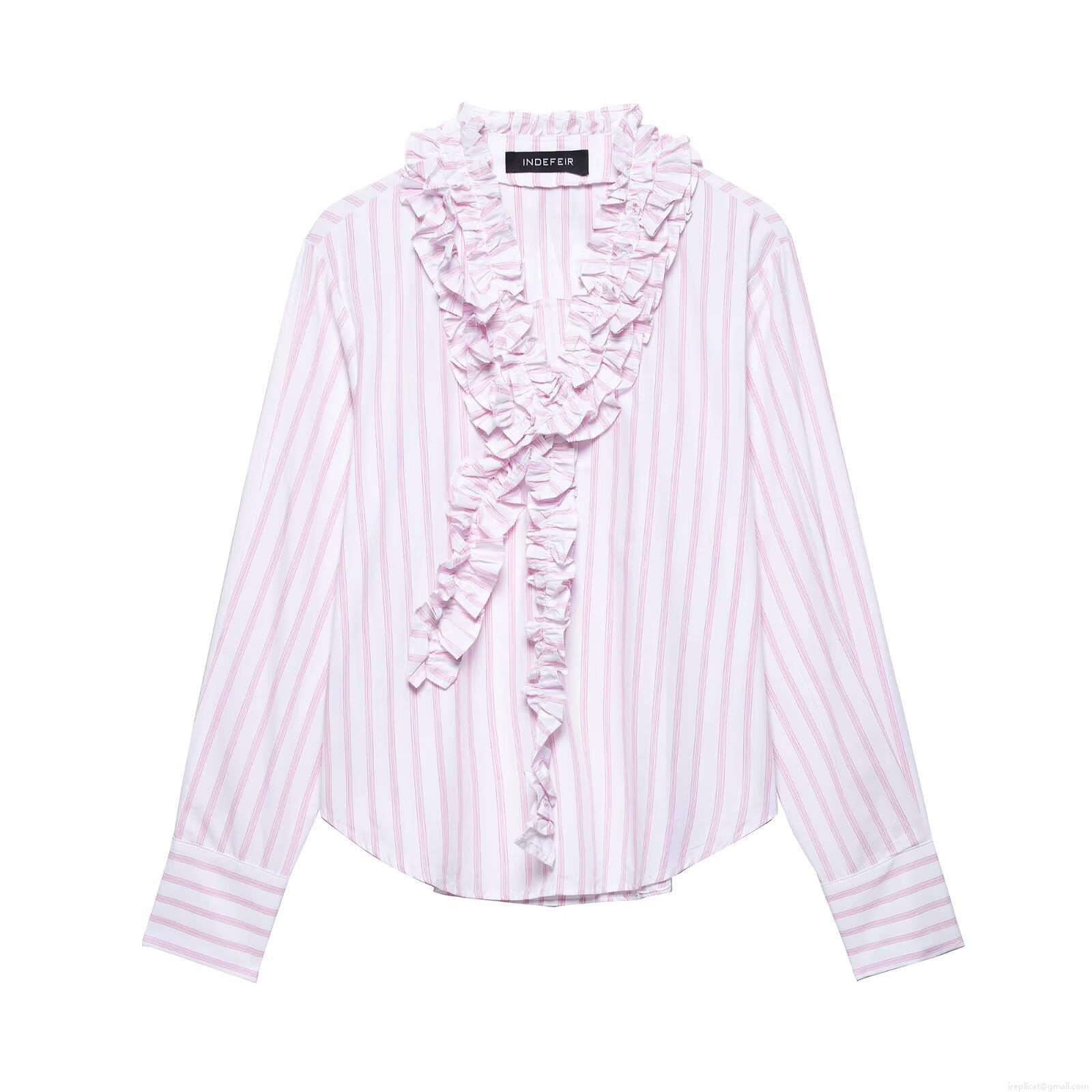 Women Sweet Pink White Vertical Striped Long Sleeve Blouse With Ruffle Trim V Neck Elegant Casual Button Down Shirt Tops Women Sweet Pink White Vertical Striped Long Sleeve Blouse With Ruffle Trim V Neck Elegant Casual Button Down Shirt Tops