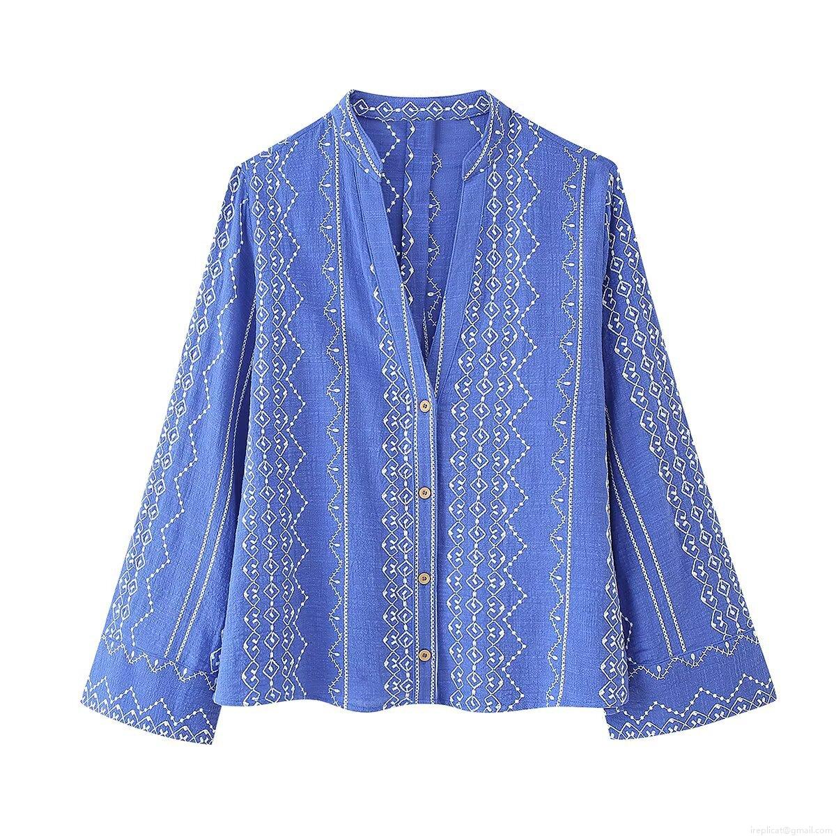 Bohemian Women's Geometric Embroidery Blouse V-Neck Long Sleeve Shirt Casual Polyester Cotton-Linen Texture Tops With Wood Buttons Ethnic Style For Women Bohemian Women's Geometric Embroidery Blouse V-Neck Long Sleeve Shirt Casual Polyester Cotton-Linen Texture Tops With Wood Buttons Ethnic Style For Women