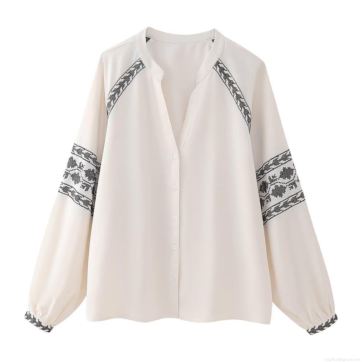 Women's Long Sleeve V-Neck Embroidered Shirt Fashion Elegant Contrast Color Single Breasted Polyester Blouse Casual Tops For Women