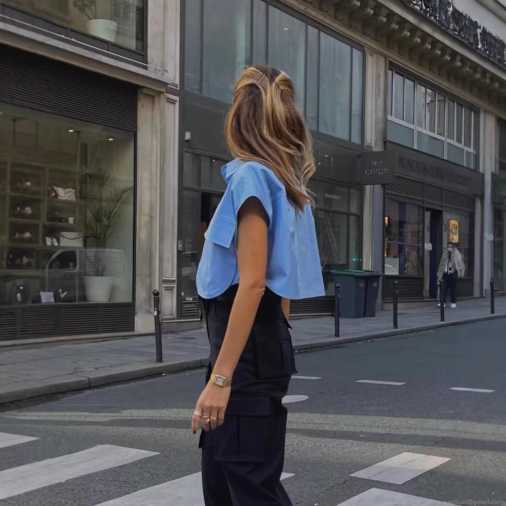 Women's Fashion Casual Polyester Short Shirt Blouse With Dual Pockets Single Breasted Cap Sleeve Solid Color Workwear Crop Top For Women Daily Streetwear
