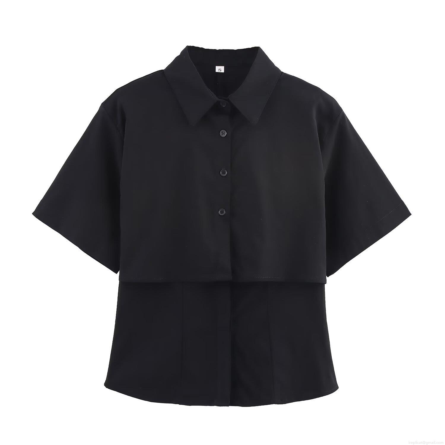 Women Casual Short Sleeve Shirt Fashion Double Layered Solid Color Button Up Blouse Elegant Office Lady Polyester Tops For Women Daily Wear Women Casual Short Sleeve Shirt Fashion Double Layered Solid Color Button Up Blouse Elegant Office Lady Polyester Tops For Women Daily Wear