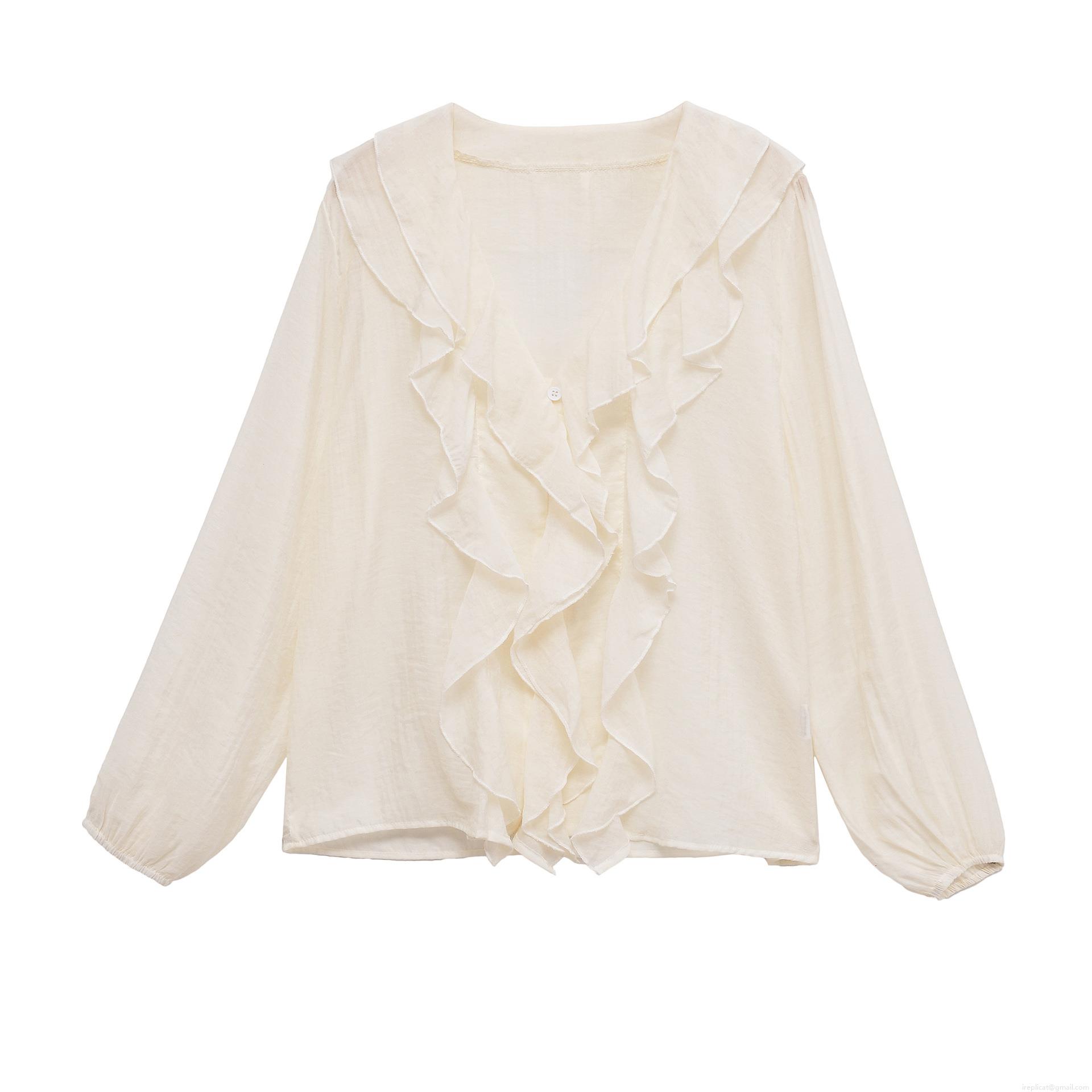 Elegant Off White V Neck Ruffle Long Sleeve Blouse For Women French Style Loose Solid Color Button Down Shirt Office Commuter Tops Elegant Off White V Neck Ruffle Long Sleeve Blouse For Women French Style Loose Solid Color Button Down Shirt Office Commuter Tops
