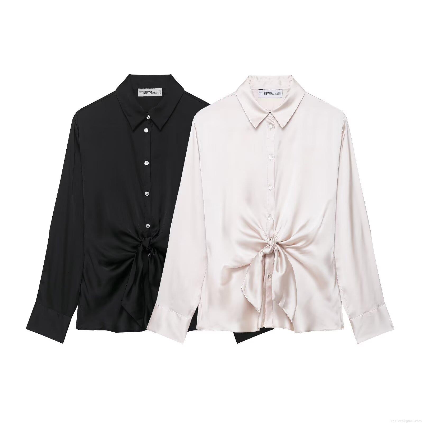 Women's Elegant Satin Silk Like Blouse Long Sleeve Tie Knot Waist Casual Shirt For Party Dating Work Office Lady Top Women's Elegant Satin Silk Like Blouse Long Sleeve Tie Knot Waist Casual Shirt For Party Dating Work Office Lady Top
