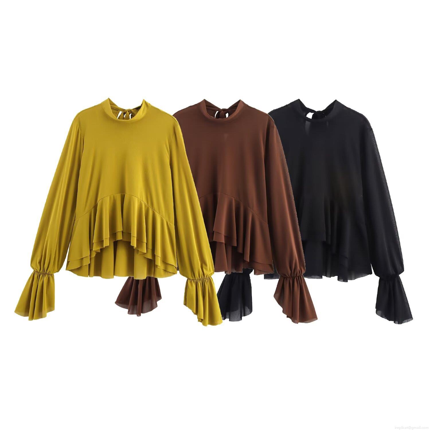 Elegant Women Chiffon Blouse Ruffle Layered Hem Tie Back High Neck Long Sleeve Top Casual Solid Color Loose Shirt For Autumn Winter Women Clothing Elegant Women Chiffon Blouse Ruffle Layered Hem Tie Back High Neck Long Sleeve Top Casual Solid Color Loose Shirt For Autumn Winter Women Clothing