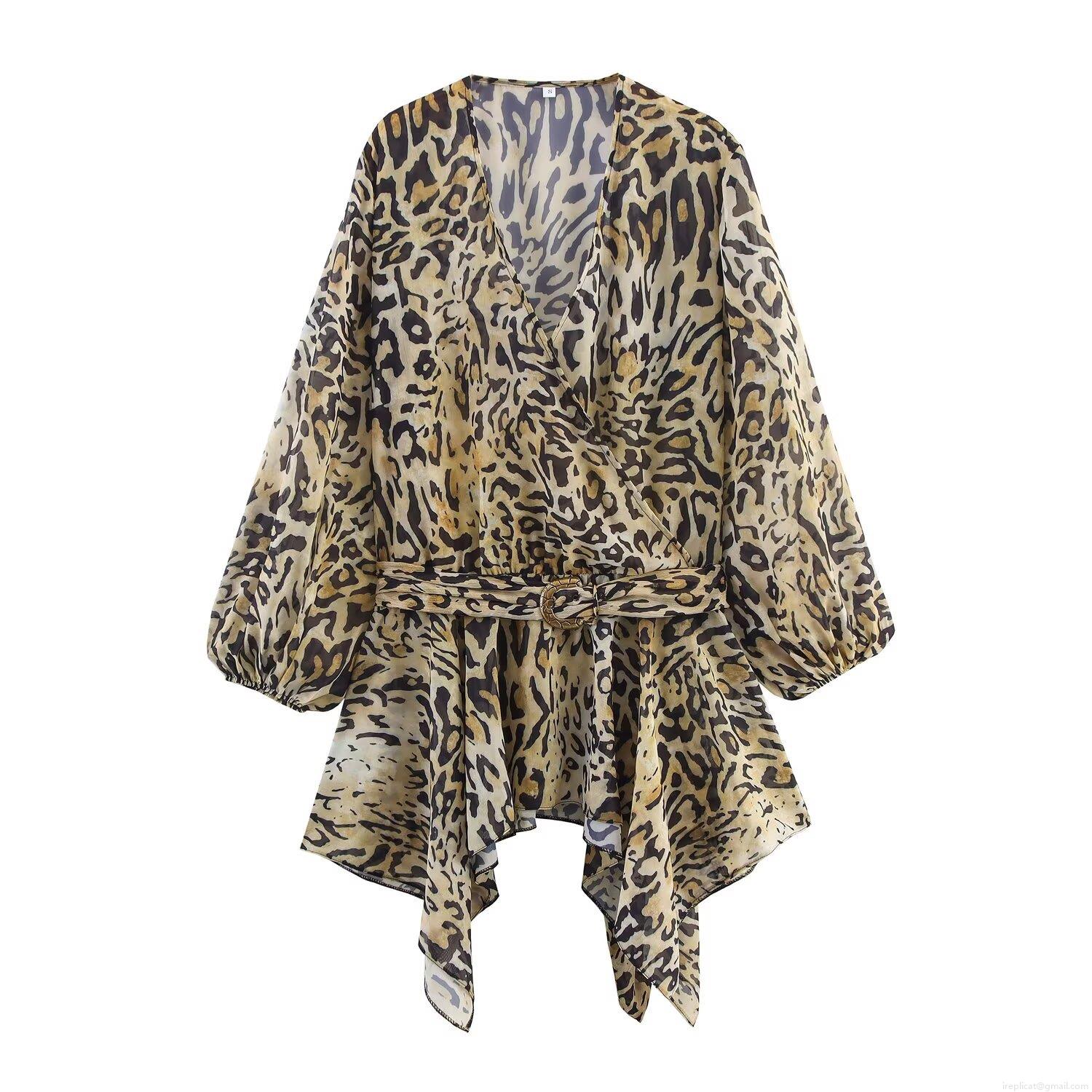 Sexy Women's Leopard Print Chiffon Blouse Deep V-Neck Long Lantern Sleeve Wrap Top With Belt Irregular Hem Casual Streetwear Tunic Shirt Sexy Women's Leopard Print Chiffon Blouse Deep V-Neck Long Lantern Sleeve Wrap Top With Belt Irregular Hem Casual Streetwear Tunic Shirt