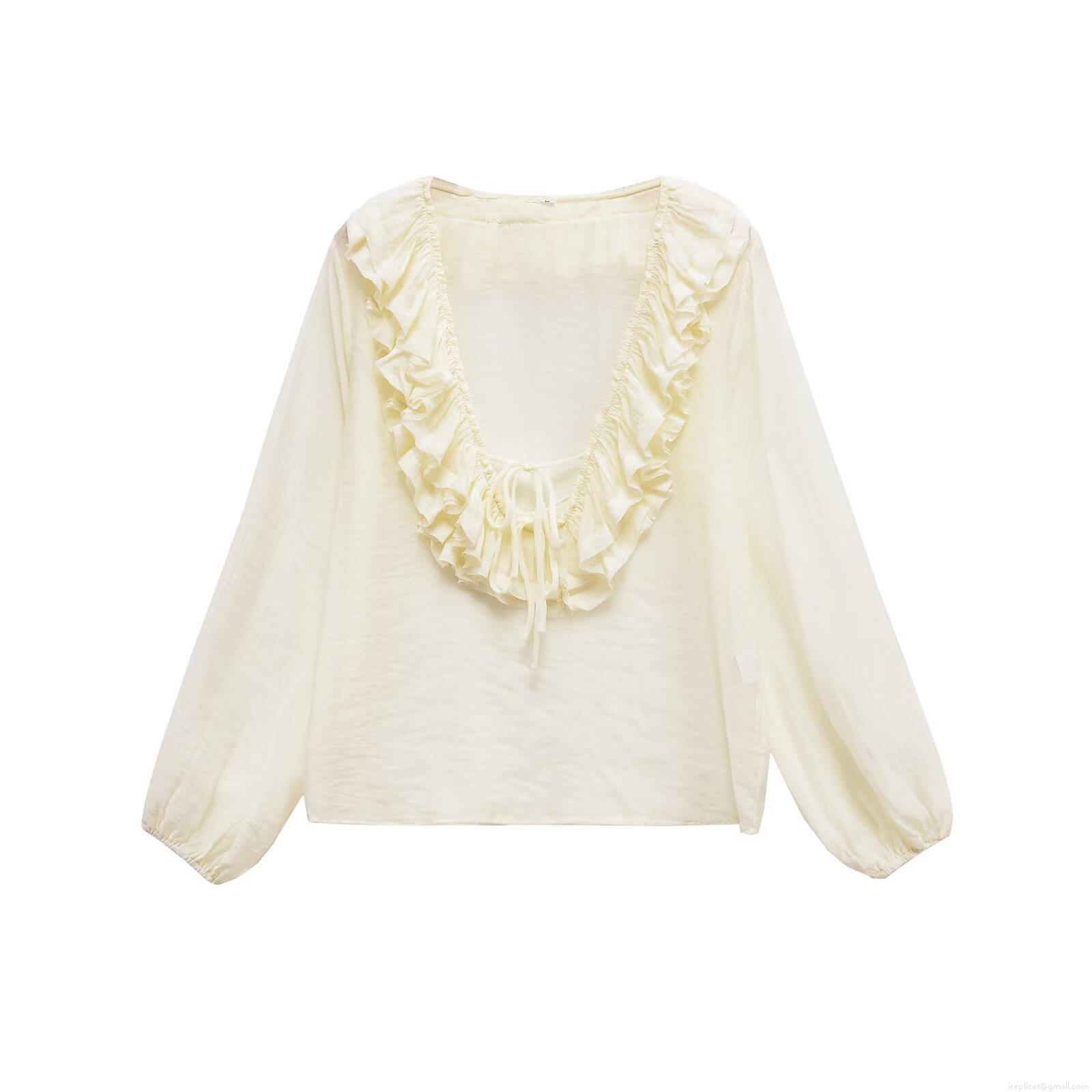 French Style V Neck Ruffle Layered Long Sleeve Blouse Women 100% Polyester Solid Color Sweet Elegant Tops For Casual Party Daily Wear French Style V Neck Ruffle Layered Long Sleeve Blouse Women 100% Polyester Solid Color Sweet Elegant Tops For Casual Party Daily Wear