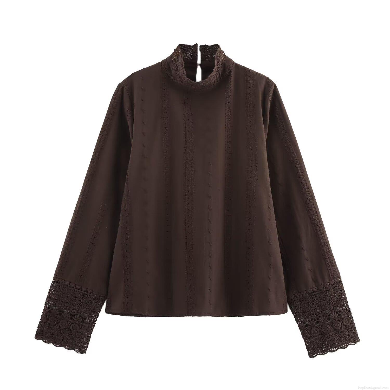 Women's Retro Elegant Lace Embroidery Blouse Long Sleeve Stand Collar Cotton Blend Pullover Top For Casual Daily Wear High Quality Women Clothing