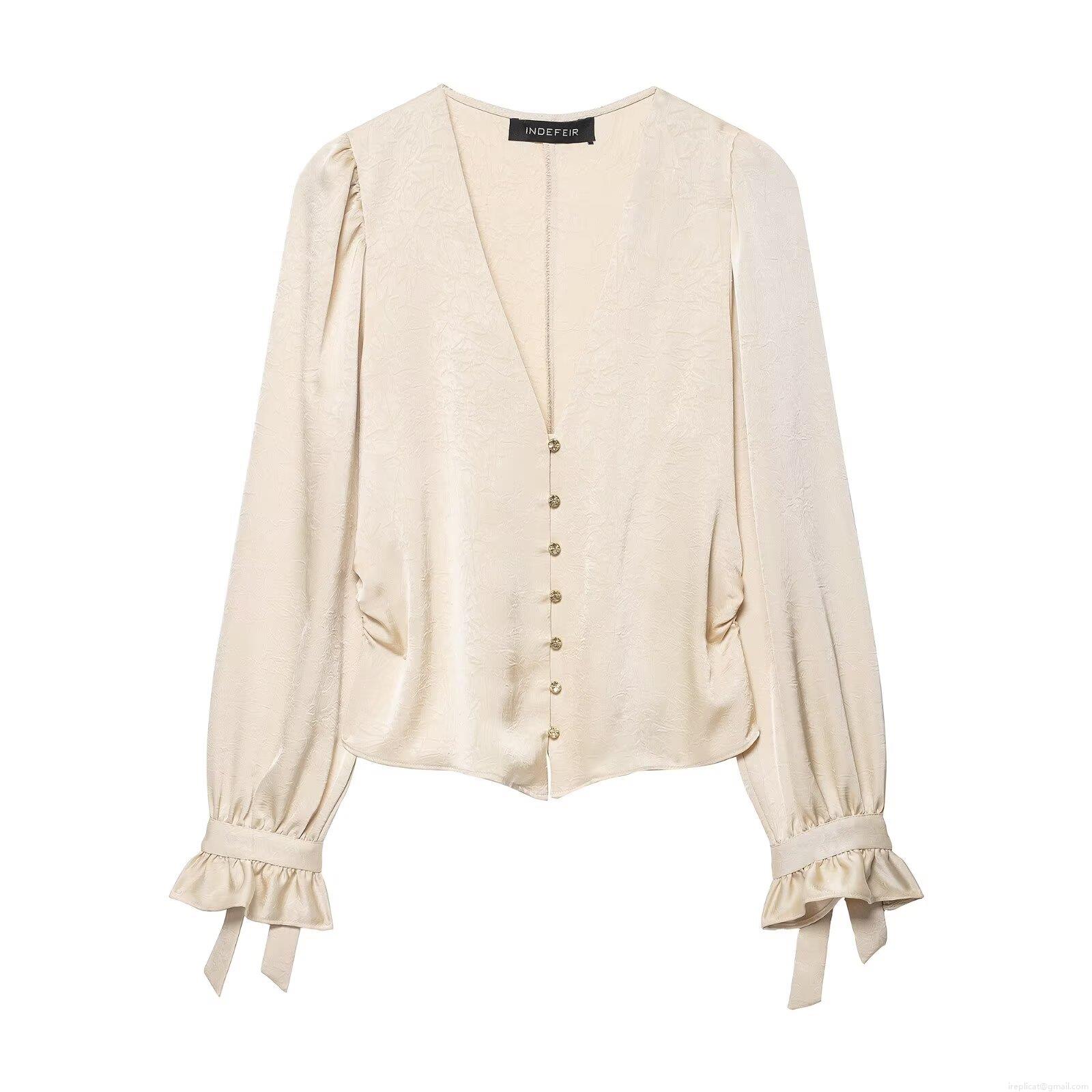 Elegant Women Satin Jacquard V-Neck Blouse Polyester Silk-Like Long Puff Sleeve Ruched Back Golden Button Shirt For Dating Office Lady Tops Elegant Women Satin Jacquard V-Neck Blouse Polyester Silk-Like Long Puff Sleeve Ruched Back Golden Button Shirt For Dating Office Lady Tops