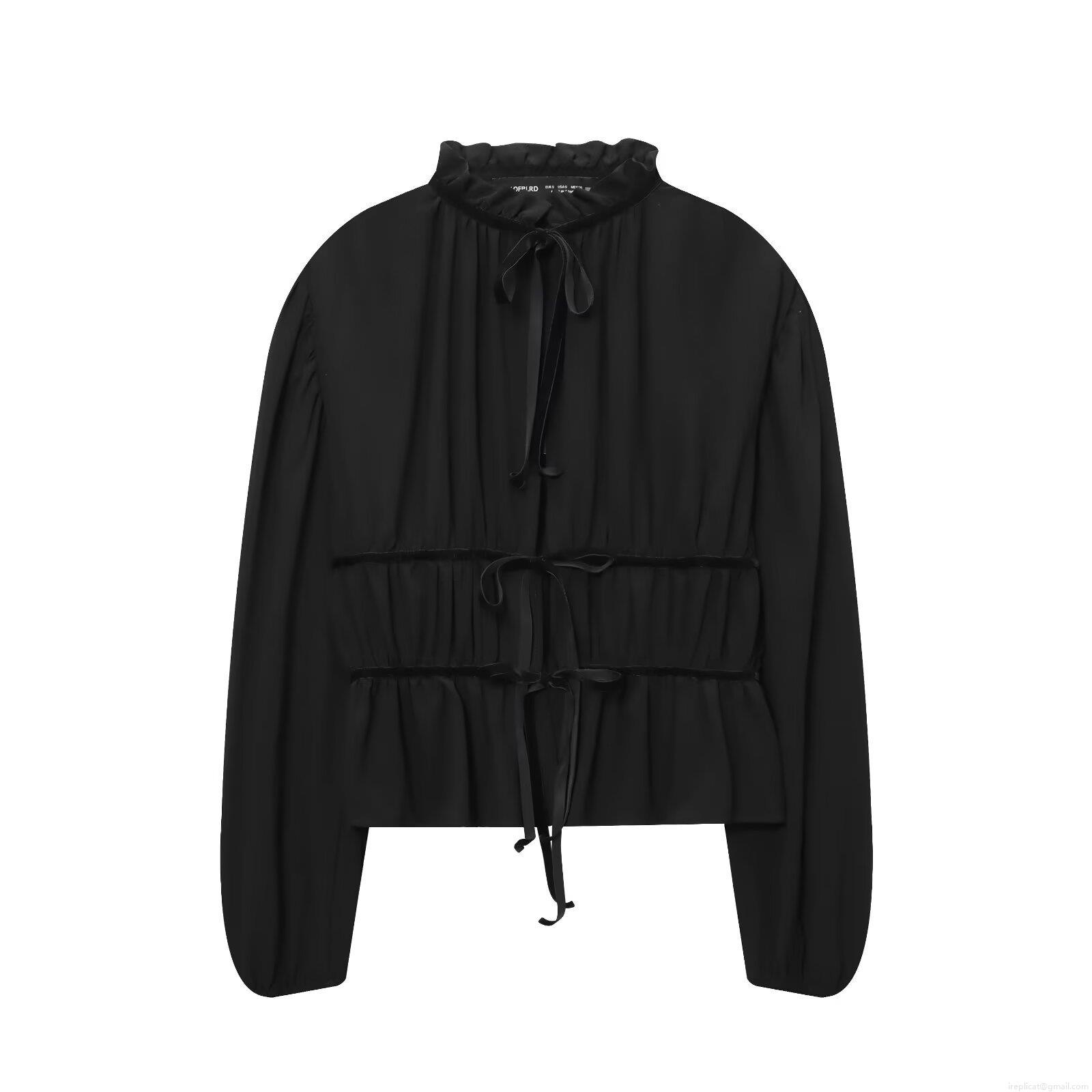 Elegant Women's Black Chiffon Blouse Ruffle Stand Collar Bow Tie Smocked Waist Long Lantern Sleeve Shirt Sweet Solid Color Top For Date Party Elegant Women's Black Chiffon Blouse Ruffle Stand Collar Bow Tie Smocked Waist Long Lantern Sleeve Shirt Sweet Solid Color Top For Date Party