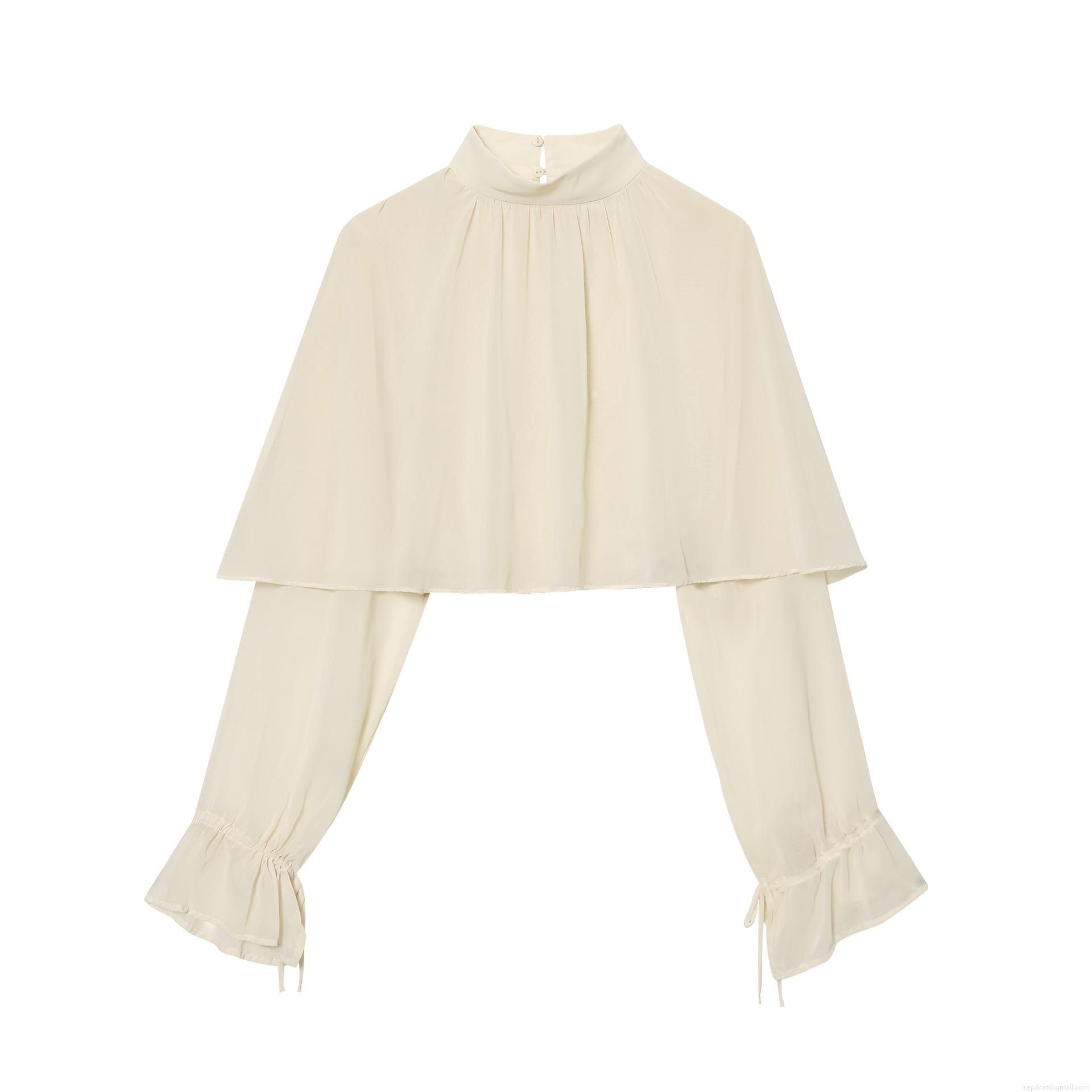 Women Elegant Mock Neck Chiffon Blouse Double Layered Cape Design Top Long Lantern Sleeve Pleated Ruffle Cuffs Solid Color Casual Party Shirt For Lady Women Elegant Mock Neck Chiffon Blouse Double Layered Cape Design Top Long Lantern Sleeve Pleated Ruffle Cuffs Solid Color Casual Party Shirt For Lady