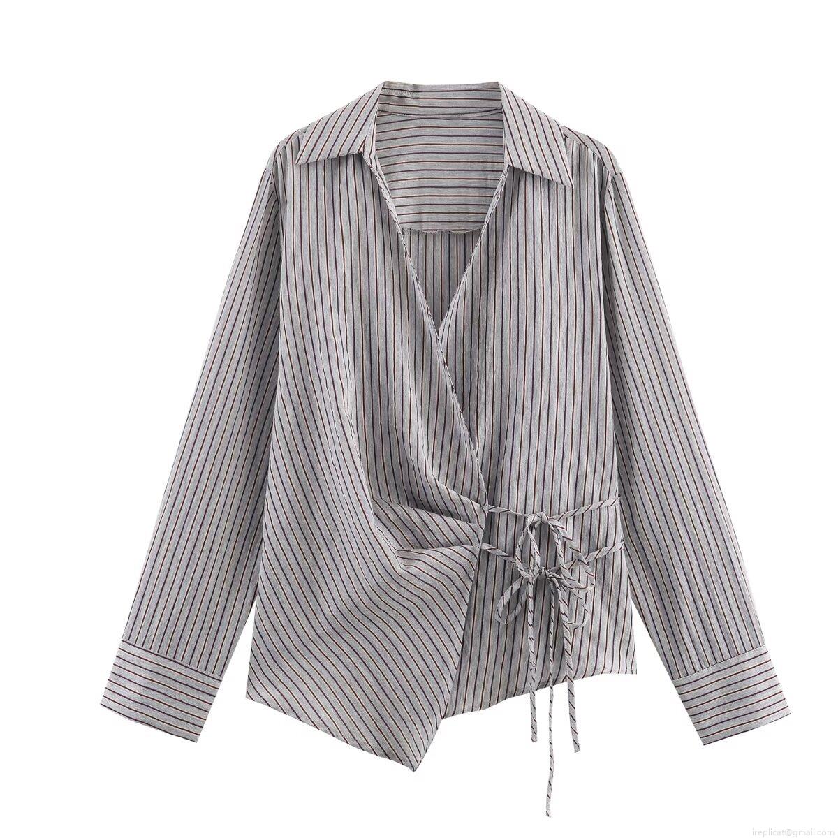 Women's Striped Long Sleeve V-Neck Casual Blouse With Side Bow Tie Asymmetrical Hem Fashion Polyester Stripes Button Down Shirt For Daily Wear Women's Striped Long Sleeve V-Neck Casual Blouse With Side Bow Tie Asymmetrical Hem Fashion Polyester Stripes Button Down Shirt For Daily Wear
