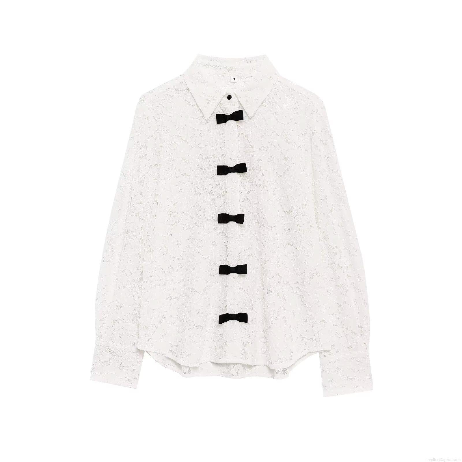 Women's Elegant White Floral Lace Long Sleeve Blouse Featuring Contrast Black Bow Decoration Sweet Shirt Collar Button Down Top For Daily Dating Women's Elegant White Floral Lace Long Sleeve Blouse Featuring Contrast Black Bow Decoration Sweet Shirt Collar Button Down Top For Daily Dating
