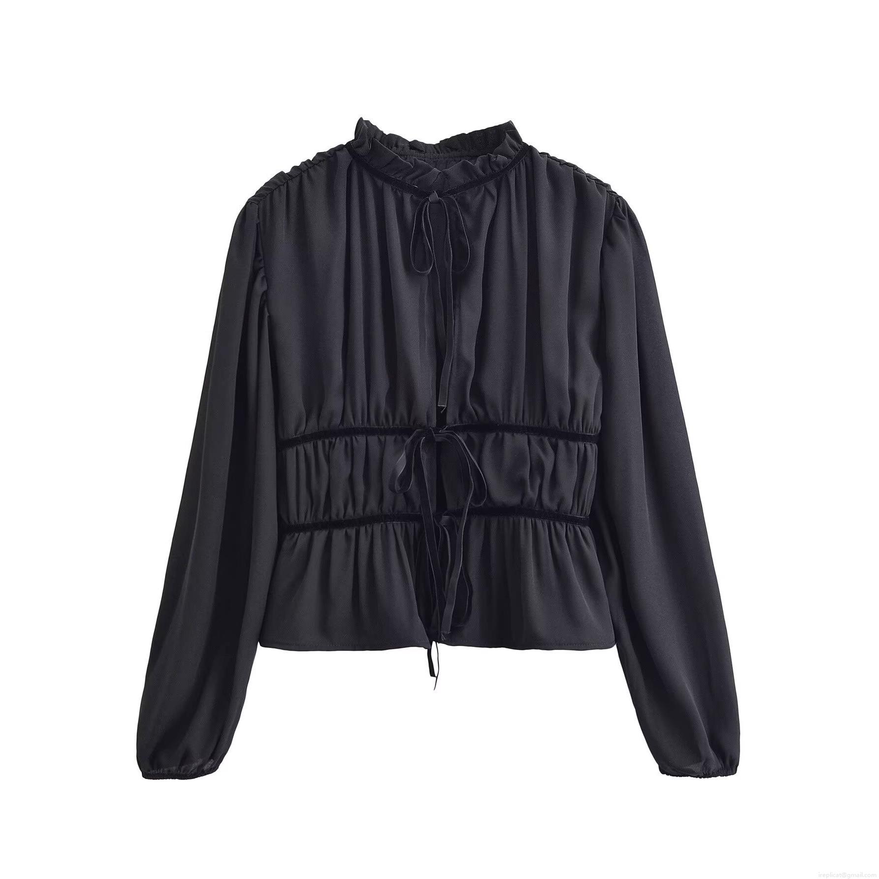 French Vintage Black Ruffle Stand Collar Tie-up Bow Blouse Women Long Lantern Sleeve Elastic Waist Peplum Top Elegant Socialite Chiffon Style Shirt