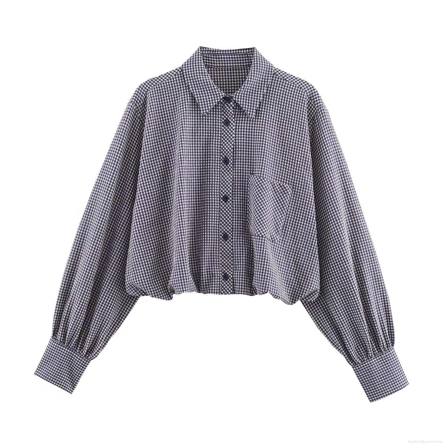 Women's Blue and White Gingham Plaid Shirt Lantern Sleeve Button Down Blouse Short Crop Top with Elastic Hem Casual Sweet Style Ladies Tops