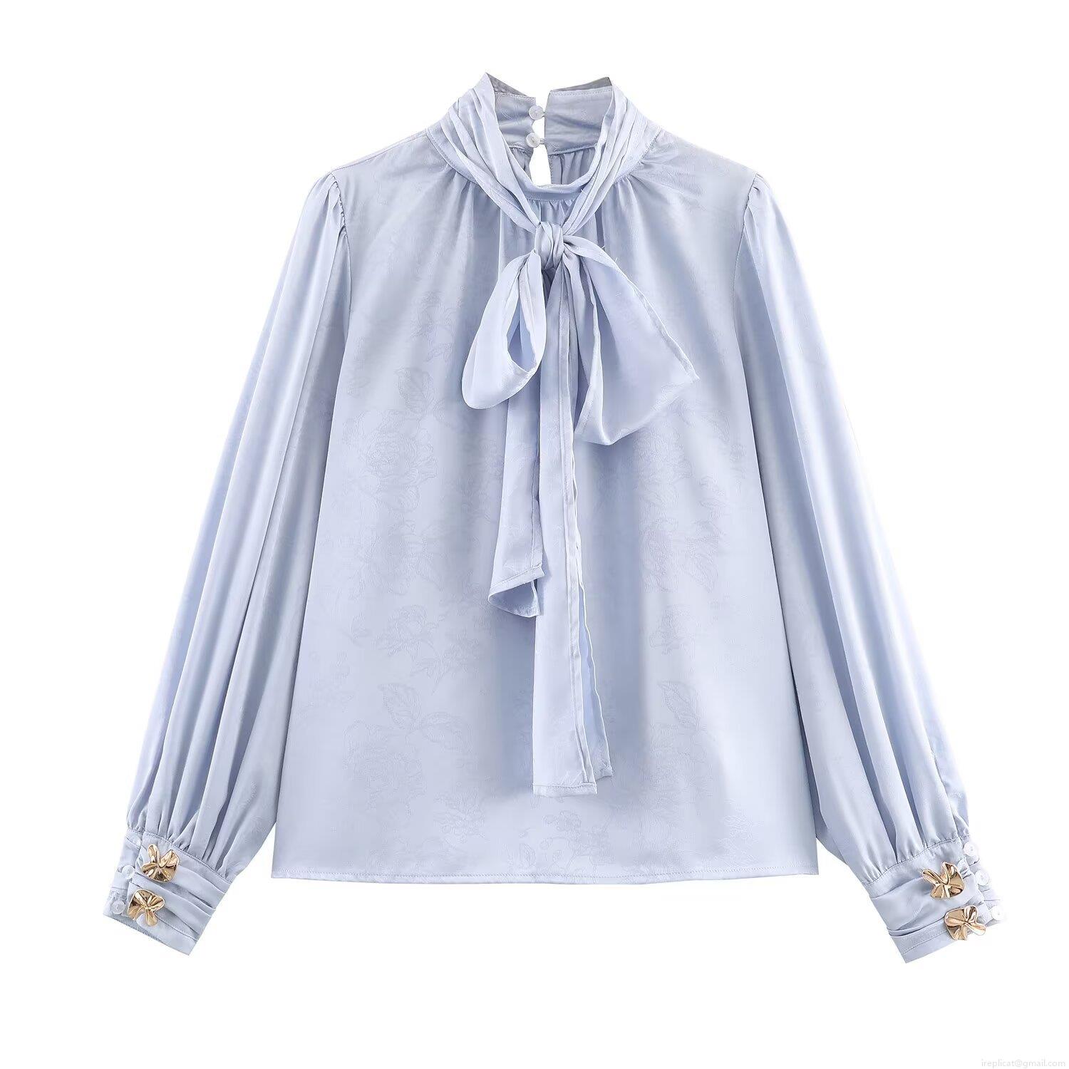 Women's Elegant Jacquard Floral Satin Blouse Long Sleeve Bow Tie Neck Puff Sleeve Pullover Shirt for Office Party Sweet Celebrity Style Top