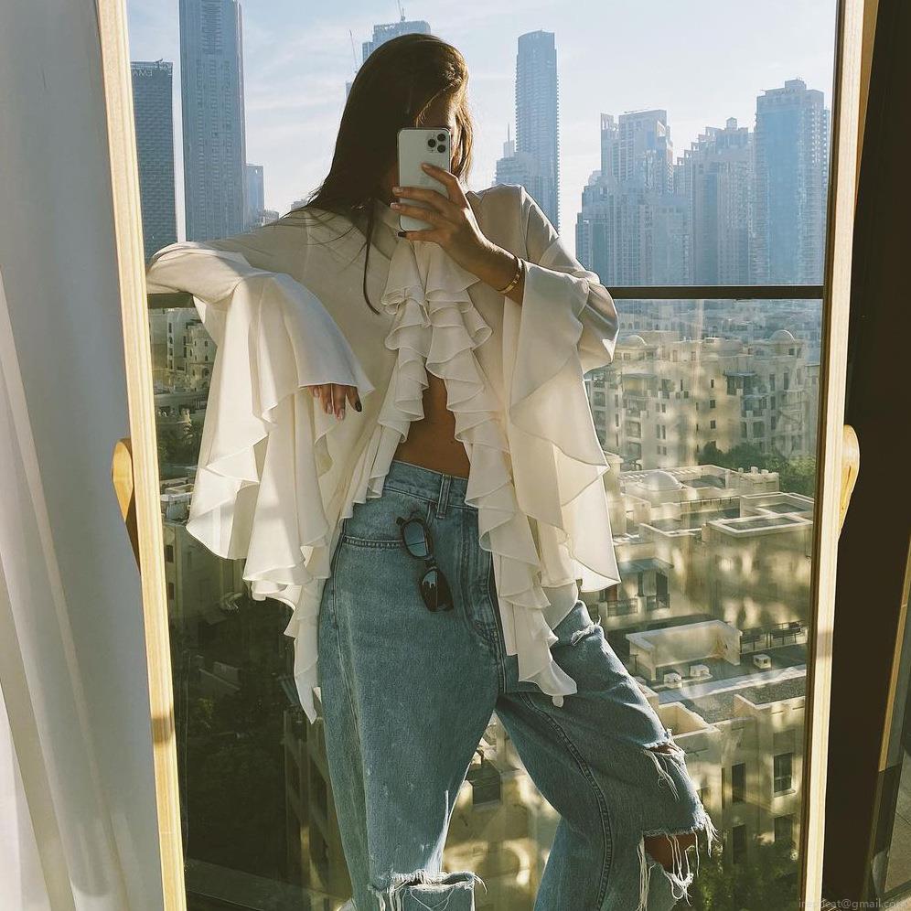 French Style Ruffle Chiffon Blouse For Women Elegant Flare Sleeve Mock Neck Long Sleeve Pullover Tops Office Daily Casual Solid Color Fashion Shirt French Style Ruffle Chiffon Blouse For Women Elegant Flare Sleeve Mock Neck Long Sleeve Pullover Tops Office Daily Casual Solid Color Fashion Shirt