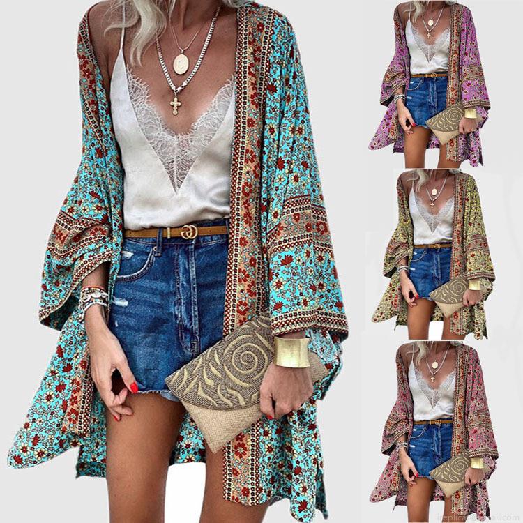 Women's Bohemian Floral Print Cardigan Lightweight Polyester Long Sleeve Beach Cover Up Loose Casual Kimono Blouse Tops For Summer Vacation