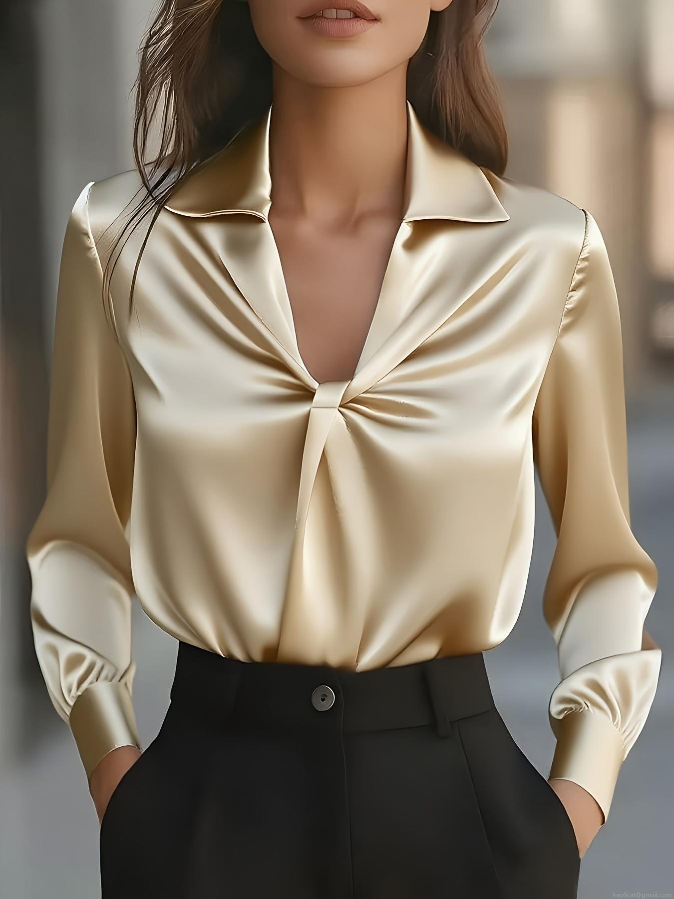 Elegant Women V Neck Satin Blouse Solid Color Long Sleeve Pullover Shirt with Twist Knot Front Detail for Office Lady Commute Silk-like Polyester Top Elegant Women V Neck Satin Blouse Solid Color Long Sleeve Pullover Shirt with Twist Knot Front Detail for Office Lady Commute Silk-like Polyester Top