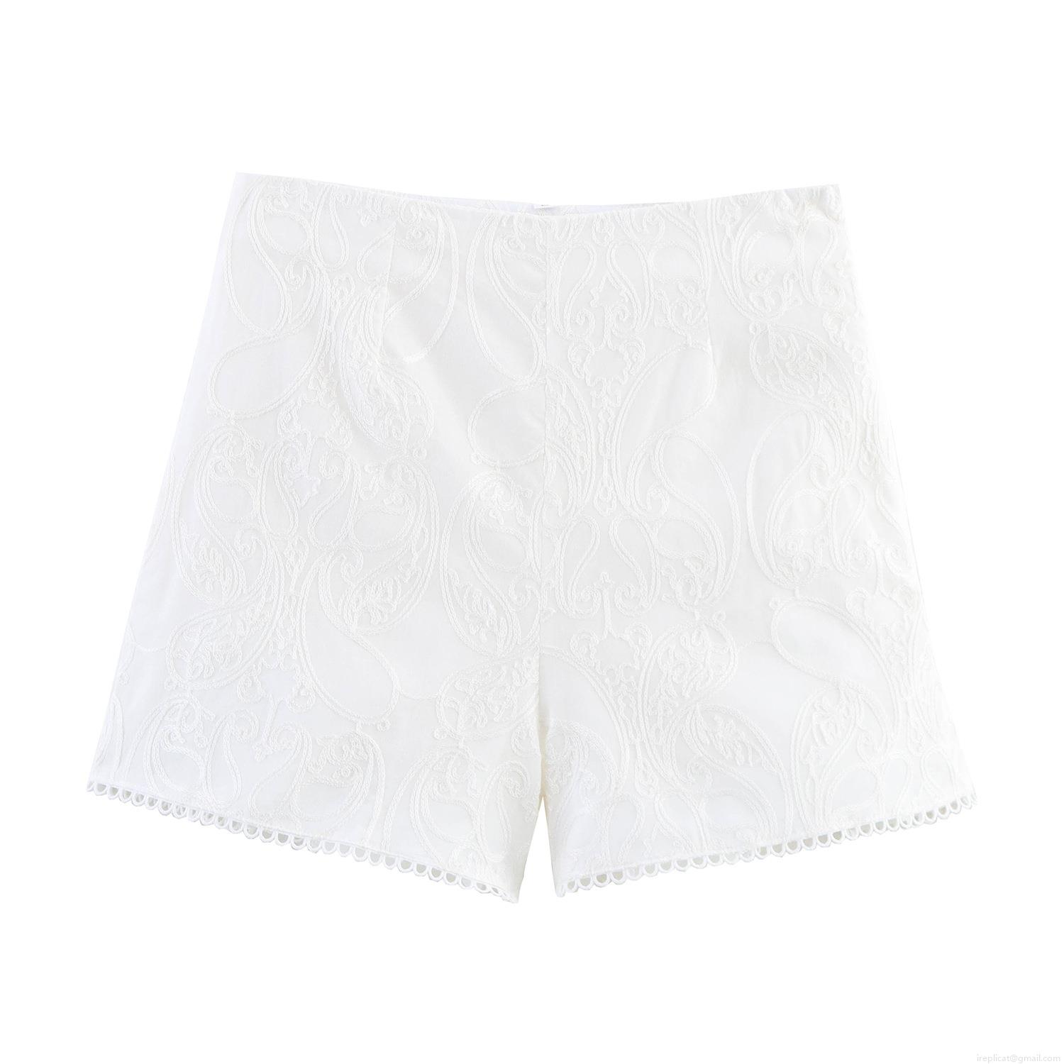 French Style White Lace Embroidery Women Shorts Elegant Paisley Scalloped Edge Mid Waist A-Line Hot Pants For Summer Vacation Ladies Casual Wear